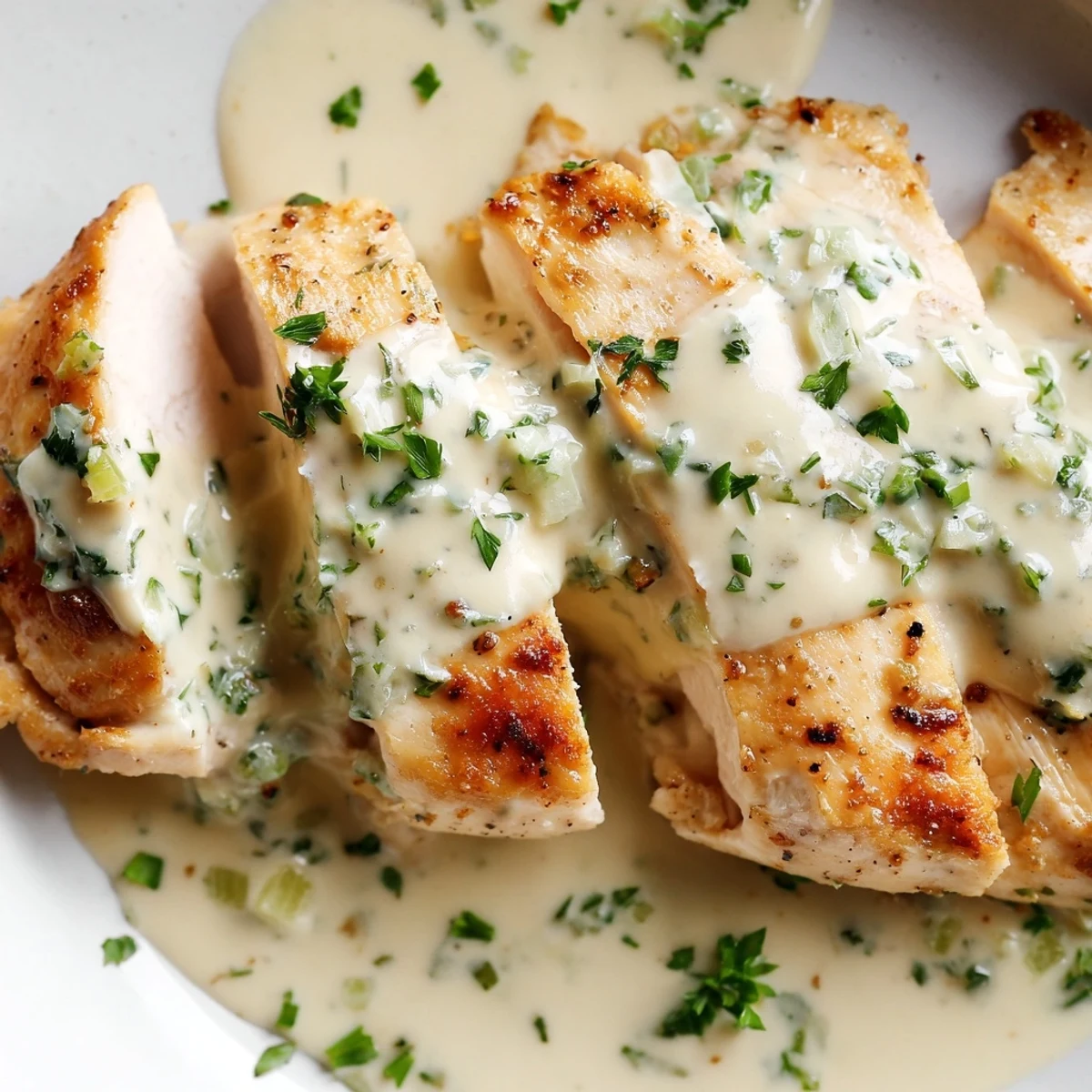 Pan-seared chicken with Boursin sauce topped with fresh parsley on a white plate