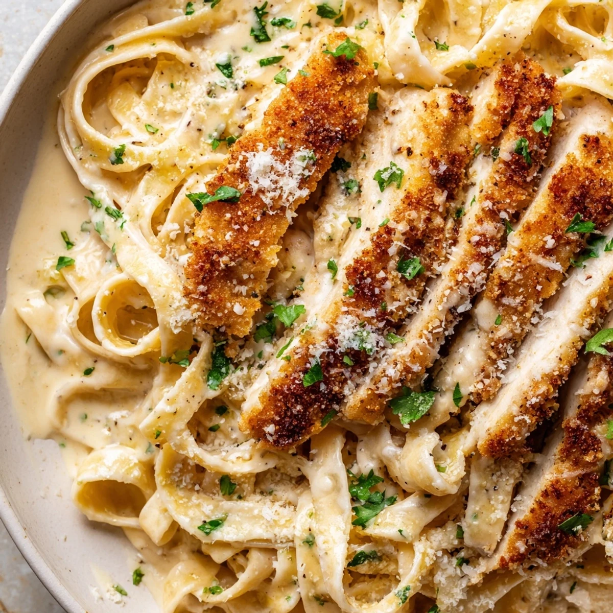 Golden crispy chicken cutlets rest atop creamy fettuccine in this family friendly crispy chicken Alfredo