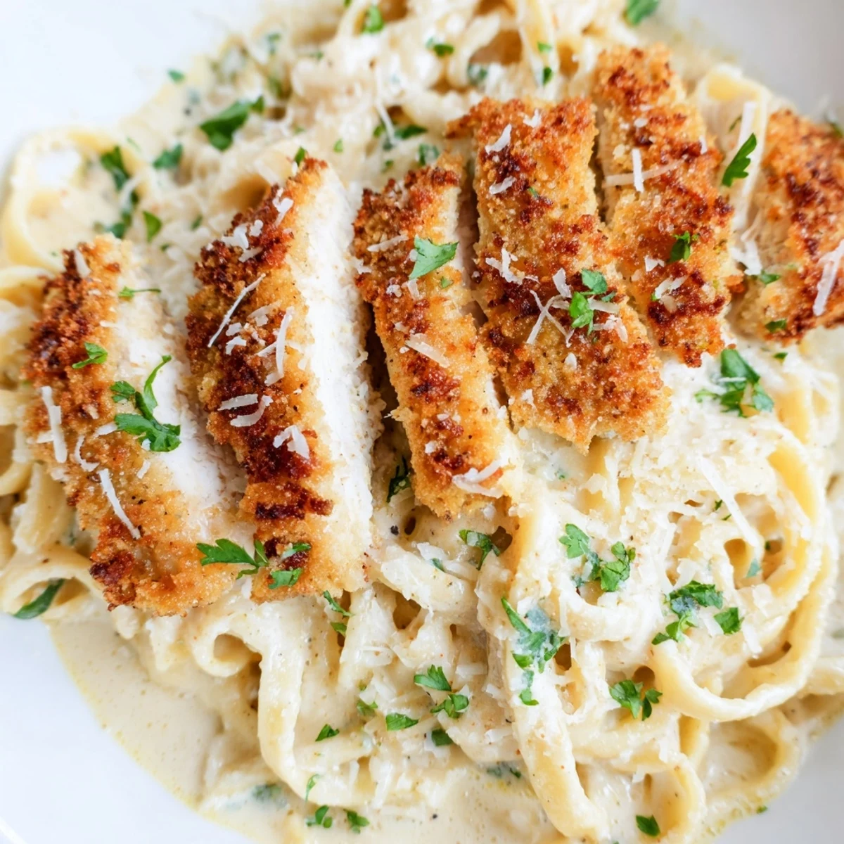 Family friendly crispy chicken Alfredo with rich Parmesan sauce and crunchy golden breaded chicken