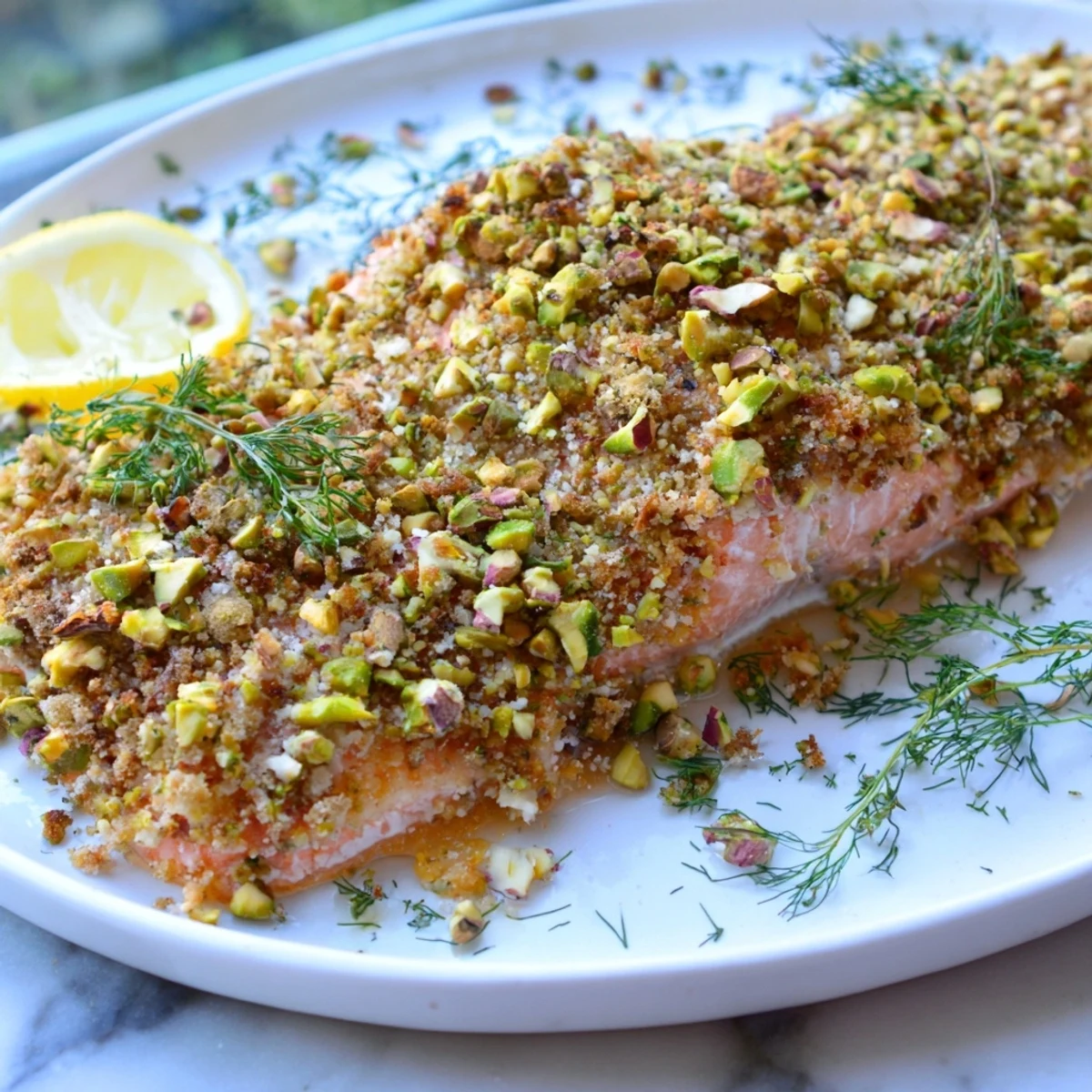 Oven-baked maple pistachio salmon topped with golden crushed nuts and fresh thyme