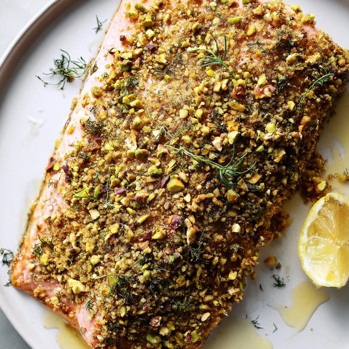 Golden maple pistachio salmon fillet with a crunchy nut crust on parchment paper