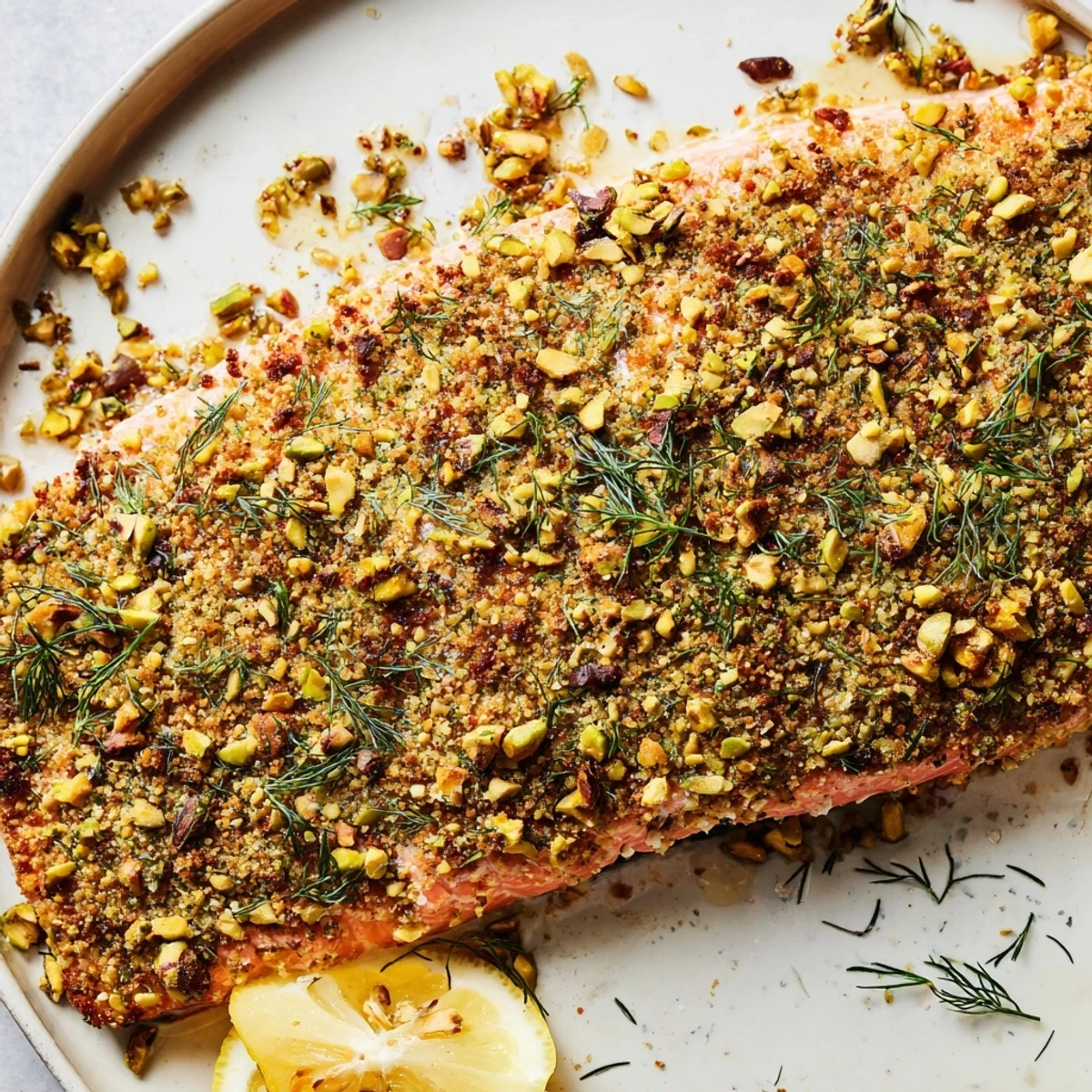 Caramelized maple pistachio salmon served on a white plate with lemon wedges