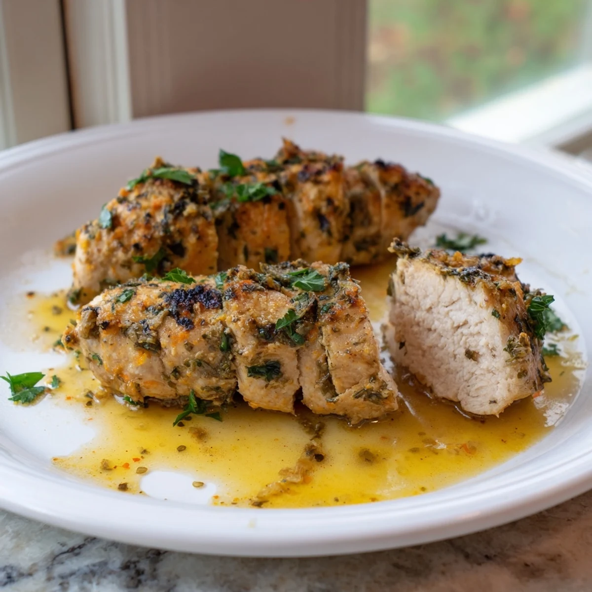 Golden garlic butter baked chicken breast garnished with fresh parsley and lemon wedges