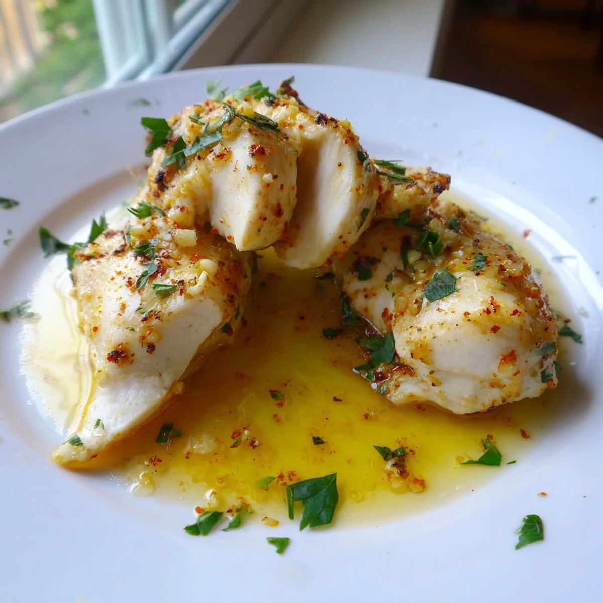 Juicy garlic butter baked chicken breast drizzled with rich herb sauce on a white plate