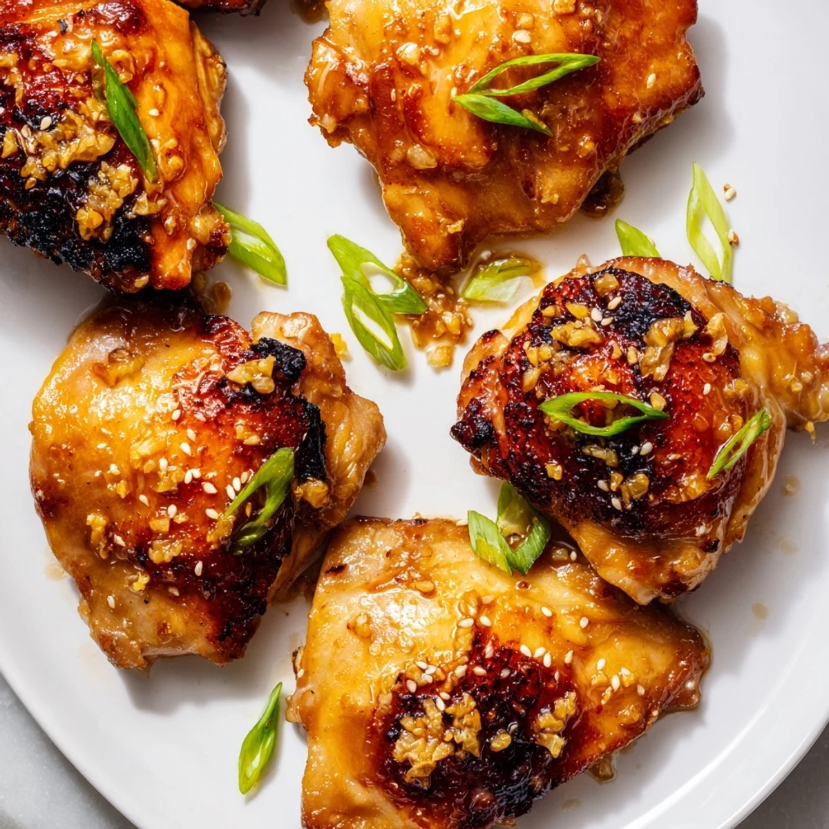 Golden crispy ginger garlic chicken thighs baked on a sheet pan with caramelized marinade and green onion garnish