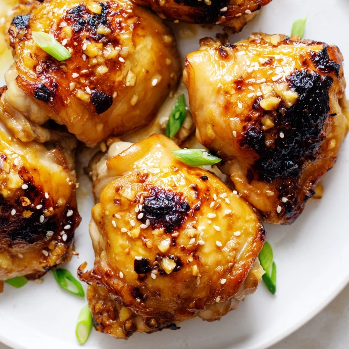 Juicy ginger garlic chicken thigh bake served hot from the oven with glossy sticky skin and sesame seeds