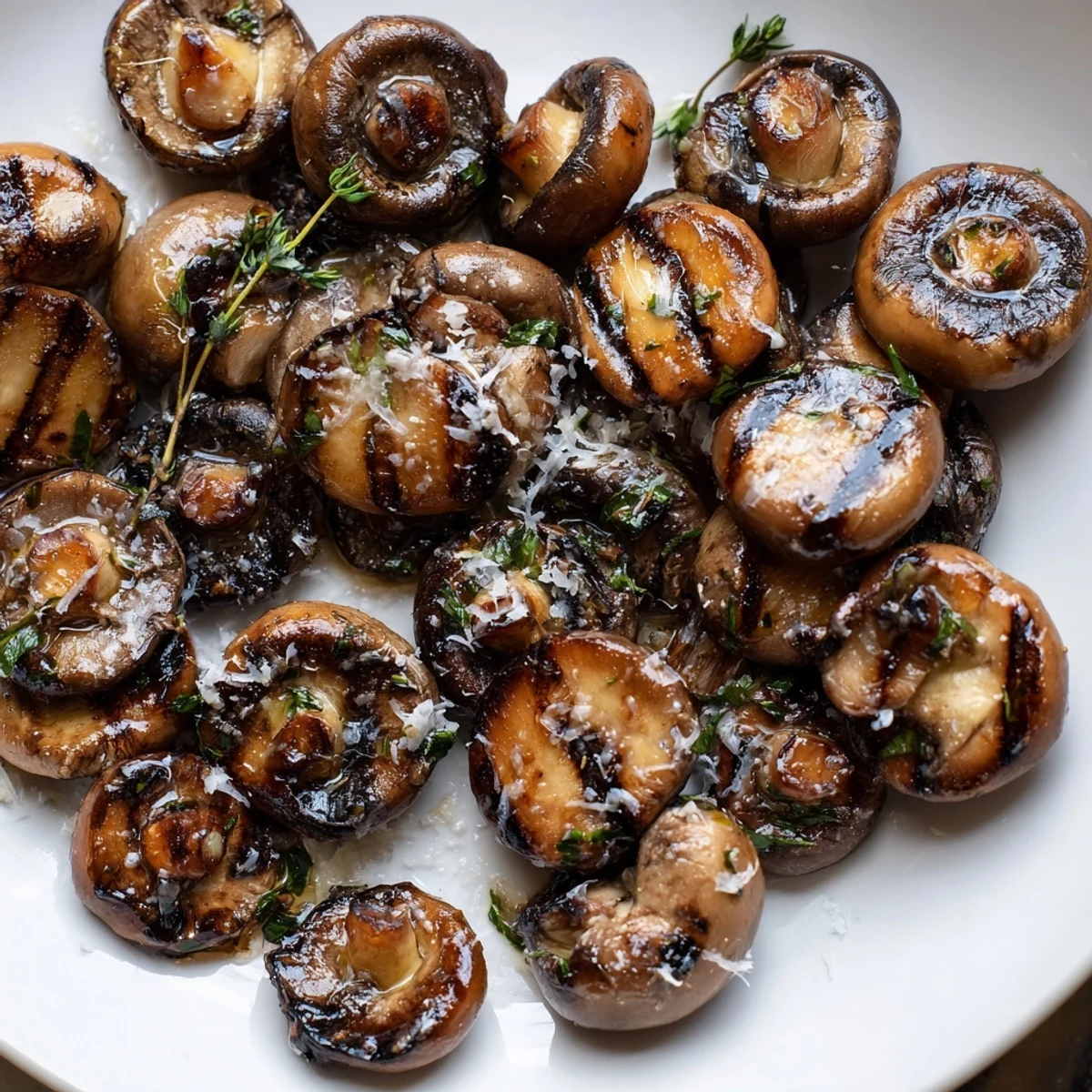 Juicy grilled garlic mushrooms charred and tossed with fresh thyme and parsley