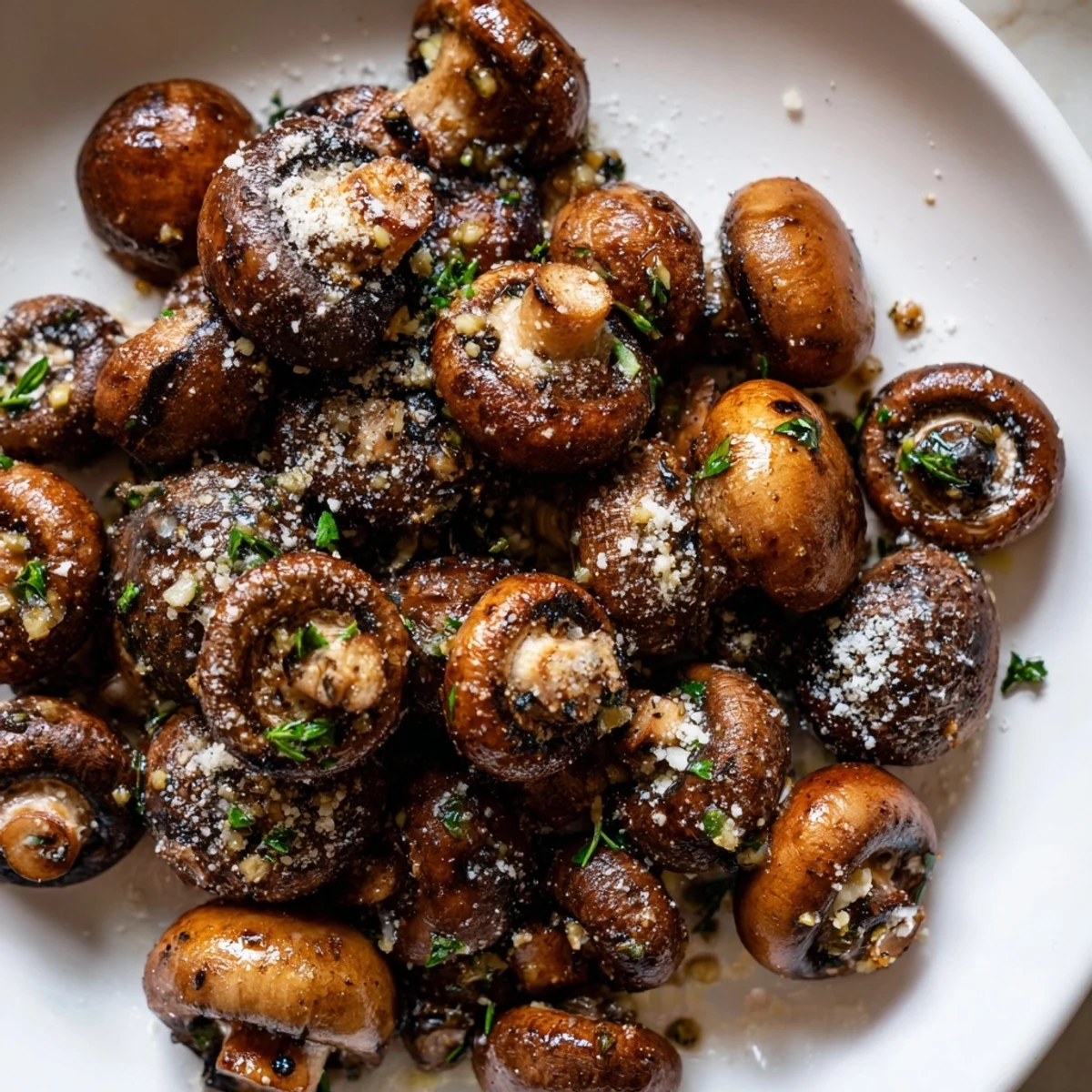 Golden sauteed grilled garlic mushrooms glistening with herbs in a cast iron skillet
