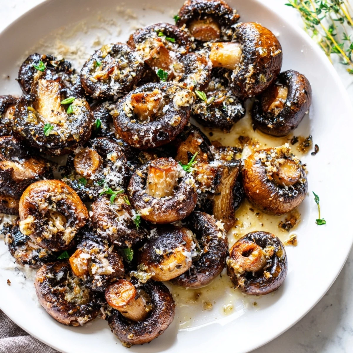 Smoky sauteed grilled garlic mushrooms coated in garlic oil ready for serving