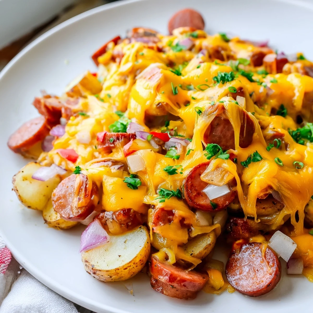 Cheesy Kielbasa Skillet with golden browned sausage potatoes and melted cheddar