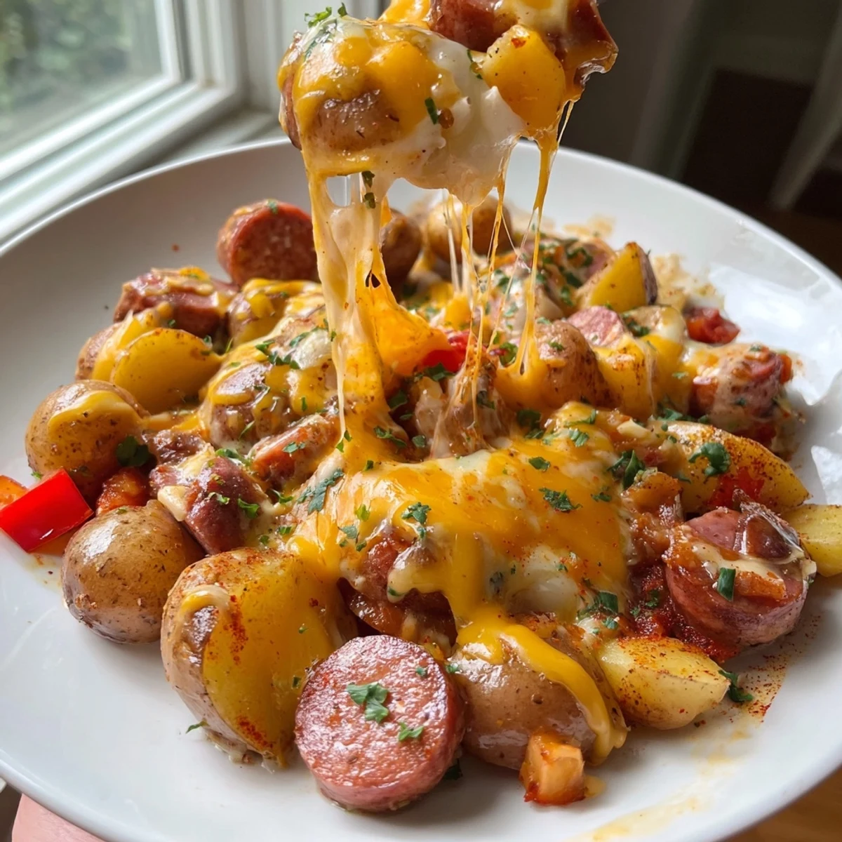 Steaming Cheesy Kielbasa Skillet topped with bubbling cheese and fresh parsley garnish