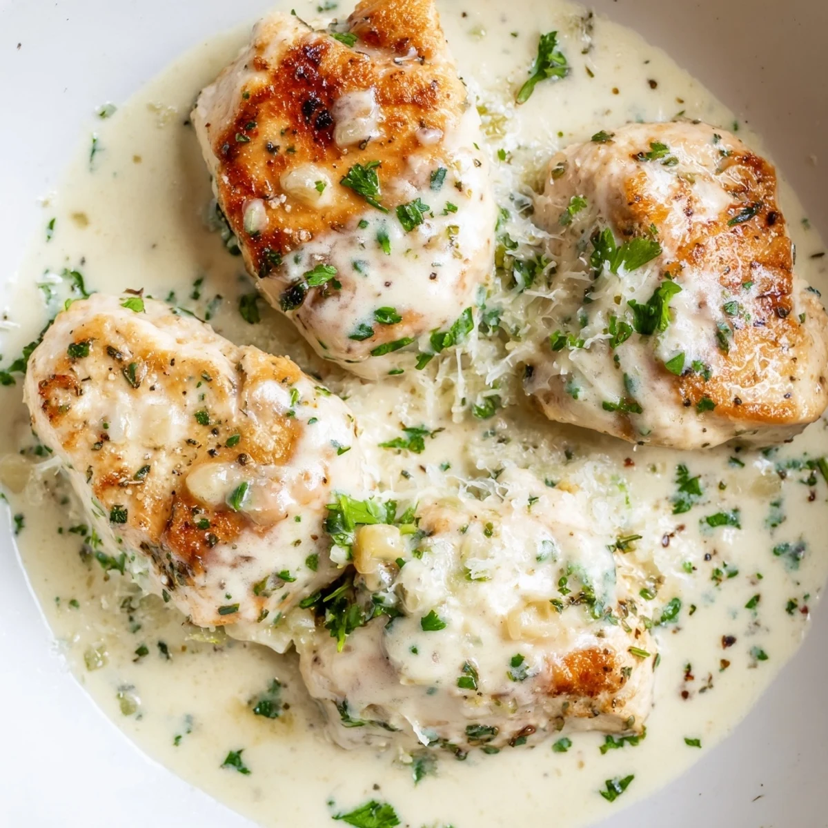 Creamy cream cheese chicken in a golden skillet topped with fresh parsley