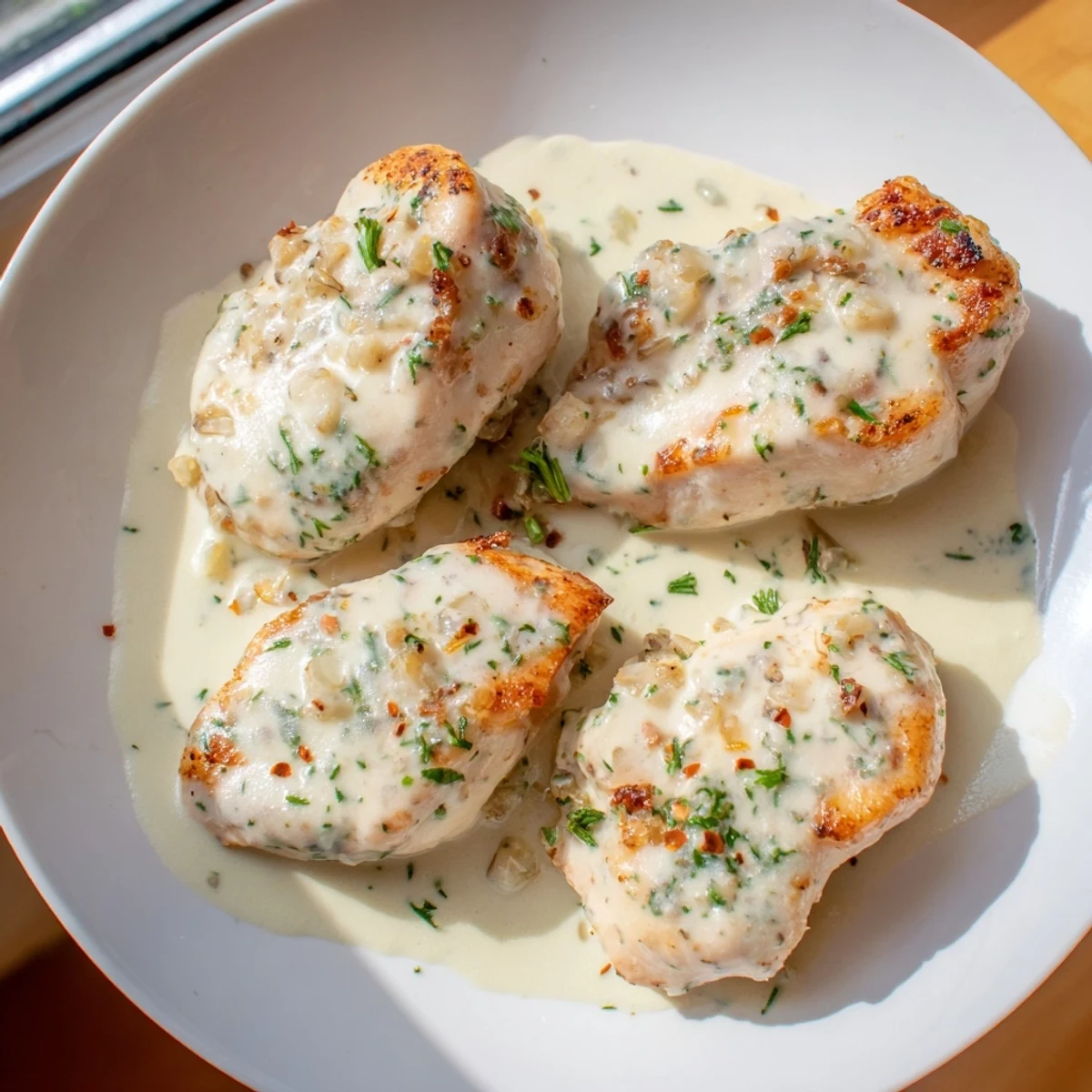 Tender cream cheese chicken breasts smothered in rich Parmesan sauce straight from oven