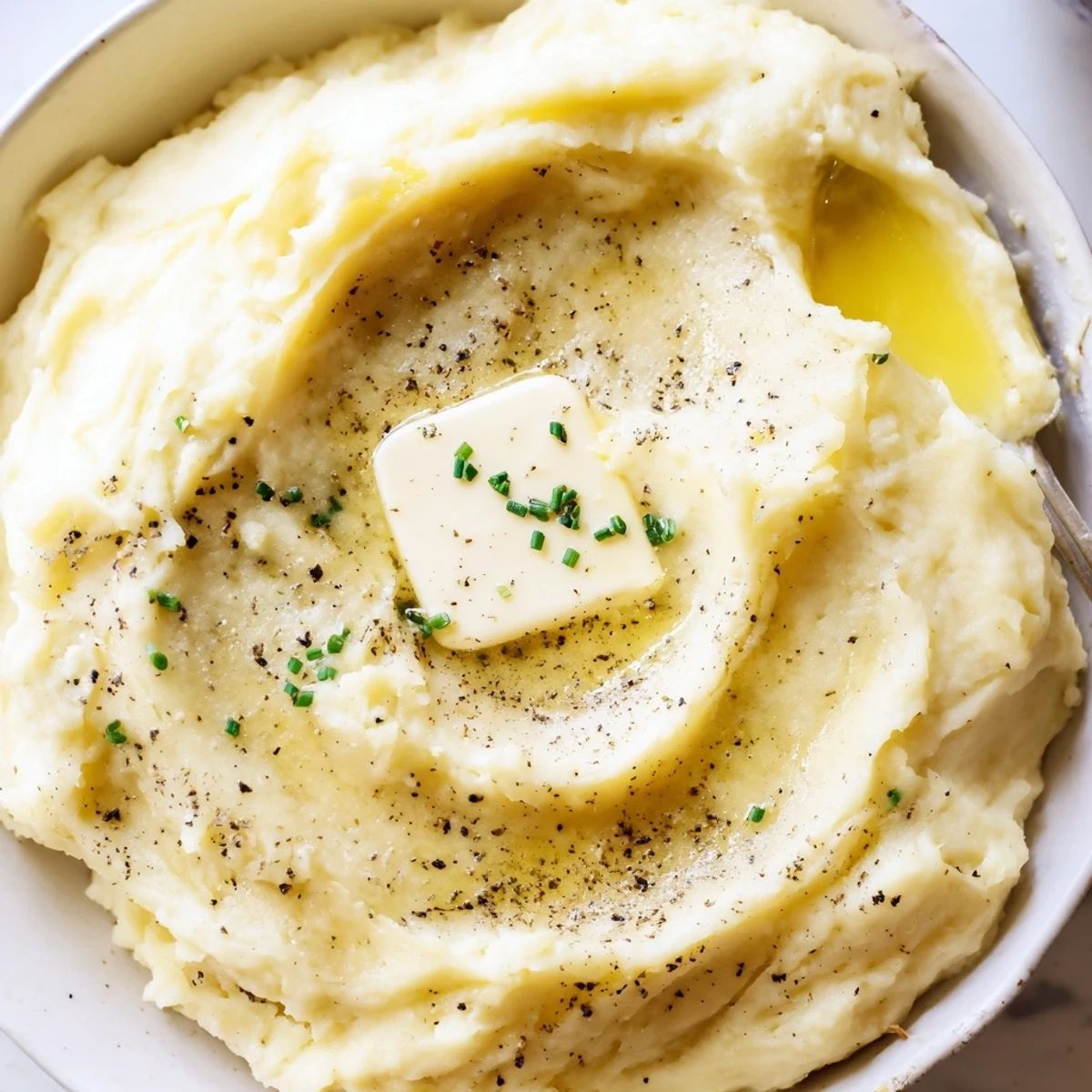 A bowl of velvety mashed potatoes topped with melting butter and fresh chives.