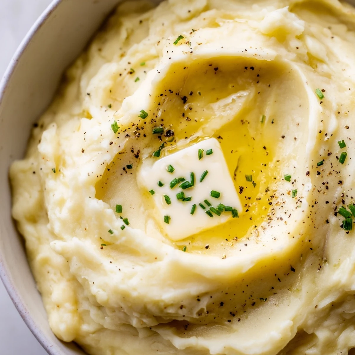 Creamy velvety mashed potatoes served steaming hot in a rustic white ceramic dish.