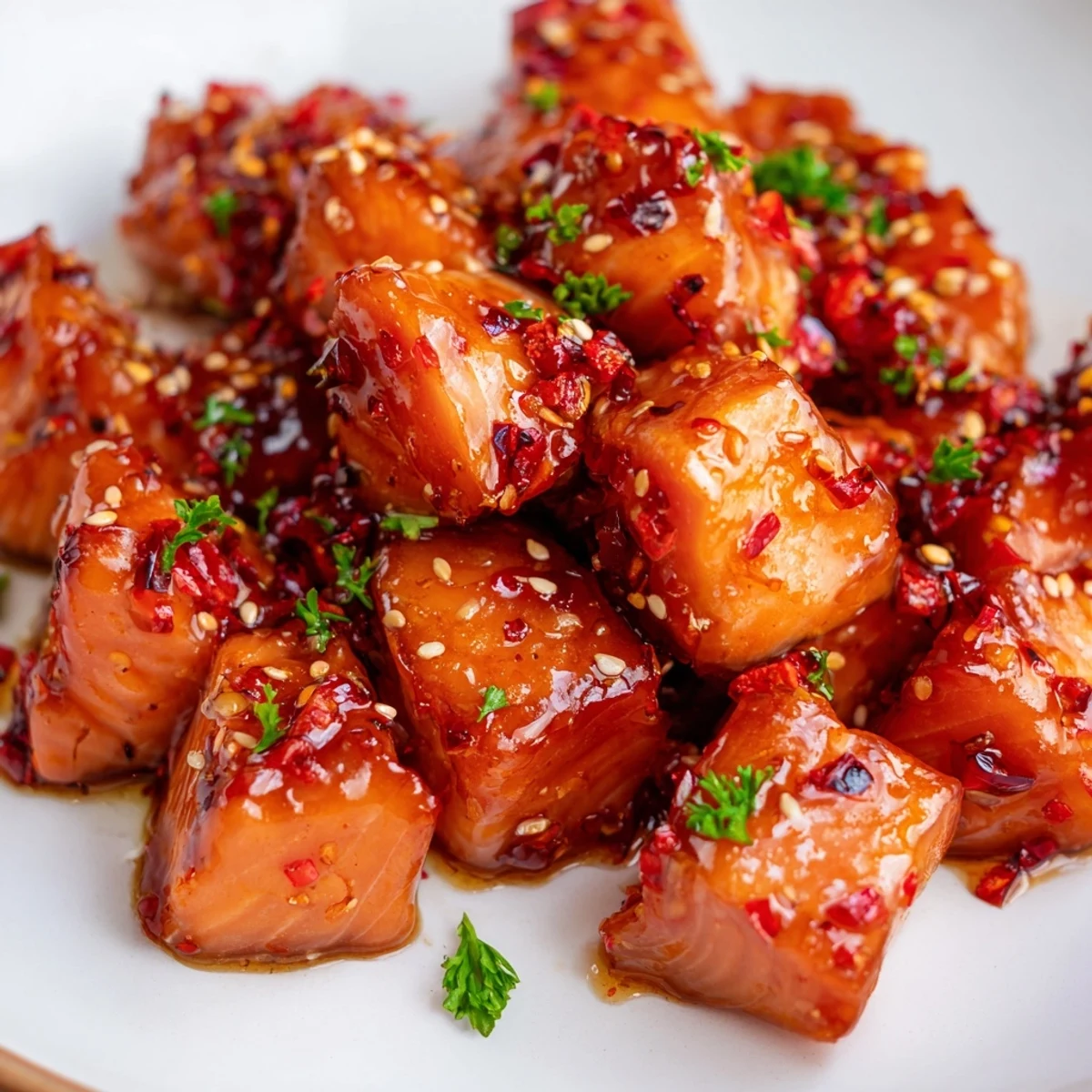 Glistening hot honey salmon bites drizzled with sticky sweet and spicy glaze on a white plate