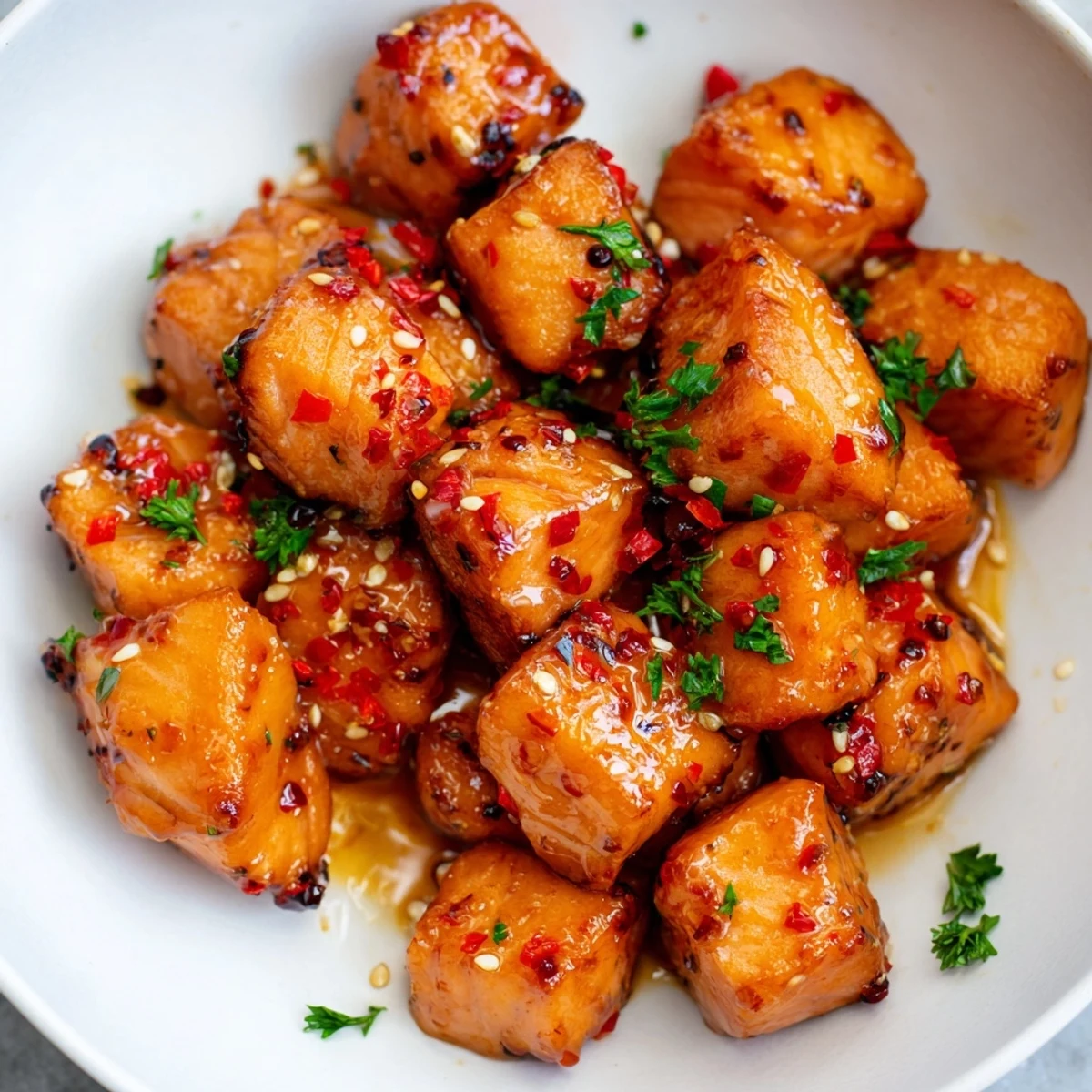 Crispy-edged hot honey salmon bites garnished with fresh parsley and sesame seeds in a cast iron skillet