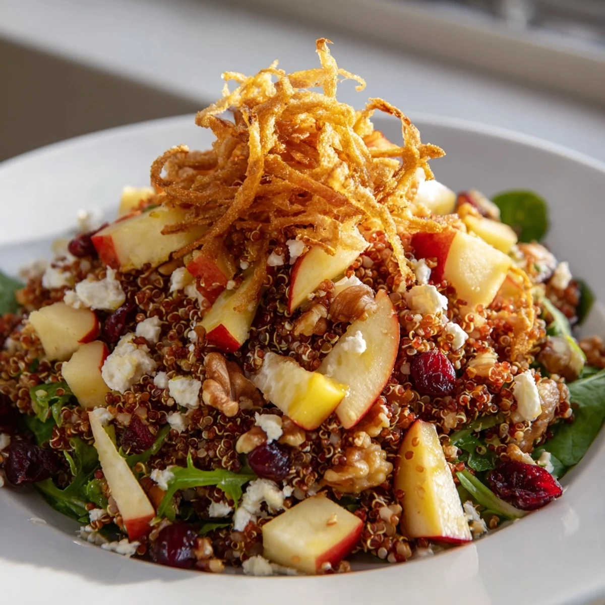 Golden crispy shallots top a vibrant Honey Mustard Quinoa Apple Salad on a rustic plate.