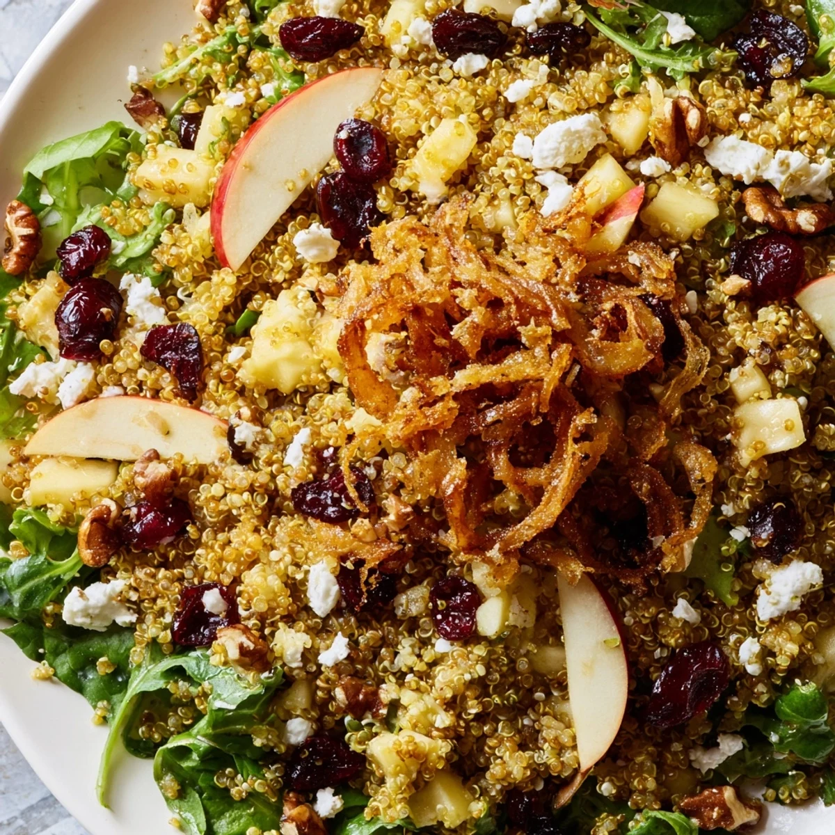 Fluffy quinoa and diced apples glisten with honey mustard dressing in a fresh salad bowl.