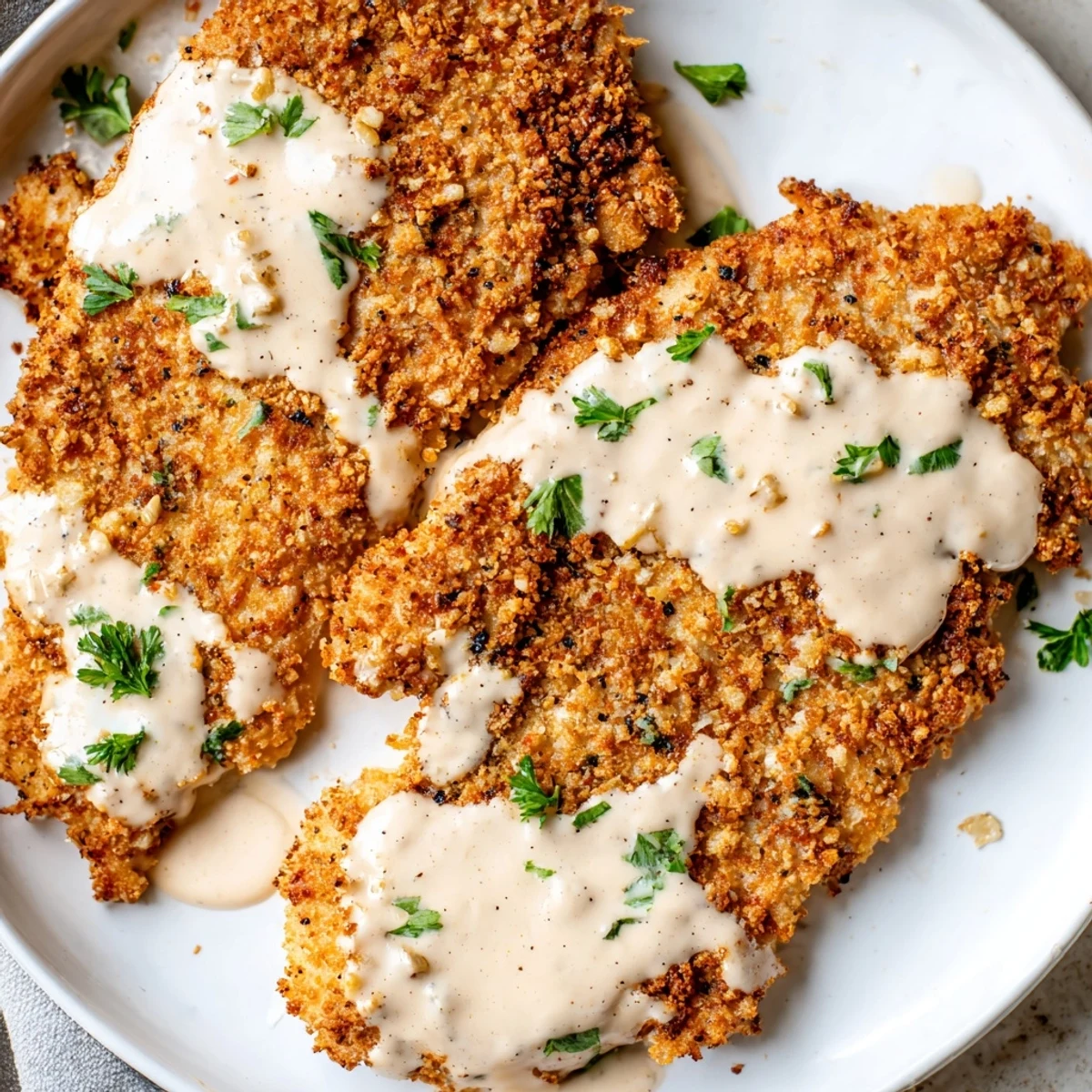 Golden crispy Parmesan chicken drizzled with creamy garlic sauce on a white plate