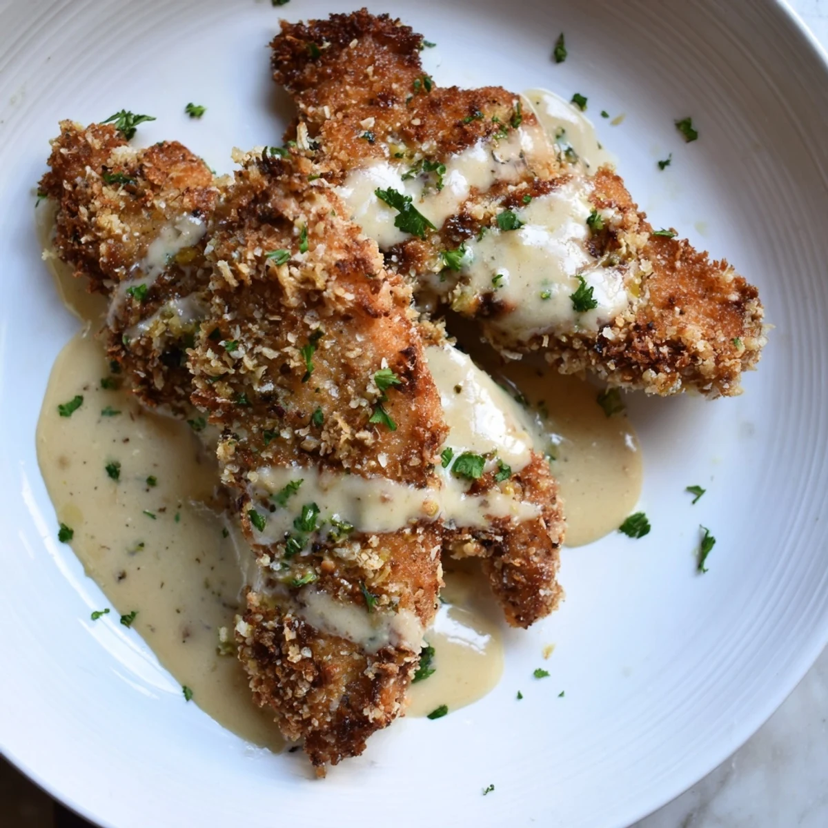 Crispy Parmesan chicken with creamy garlic sauce served over buttered noodles