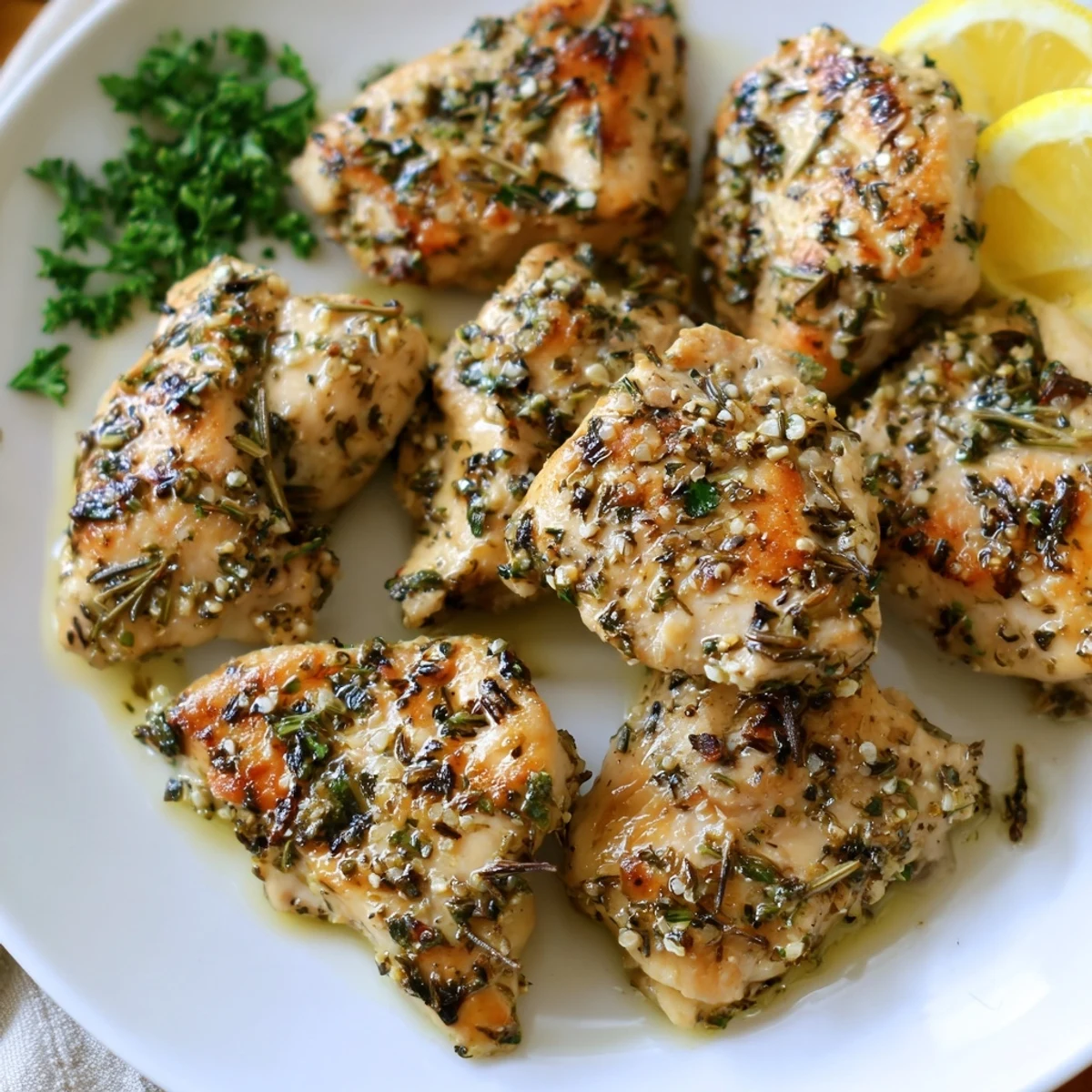 Golden savory garlic herb chicken garnished with fresh parsley and bright lemon wedges on a white plate
