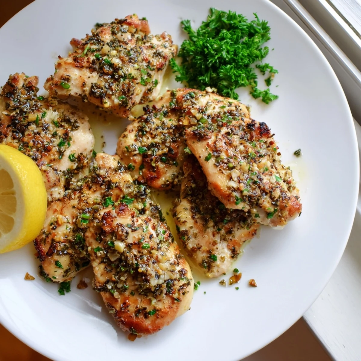 Juicy savory garlic herb chicken sliced open revealing tender herb-flecked meat drizzled with pan juices