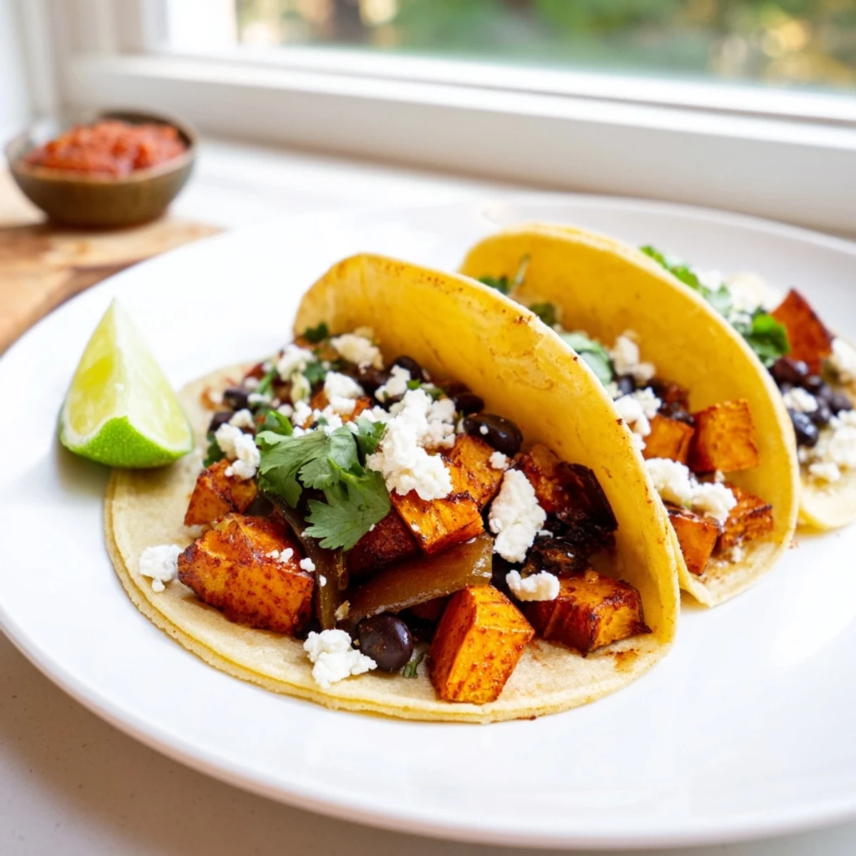 Golden crispy sweet potato bean tacos topped with sautéed onions on warm corn tortillas
