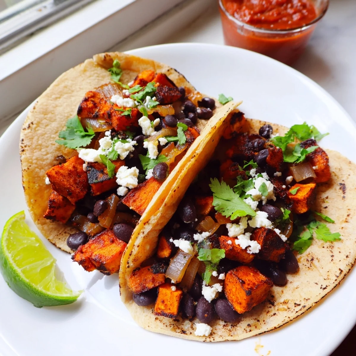 Crispy sweet potato bean tacos with caramelized onions fresh cilantro and lime wedges