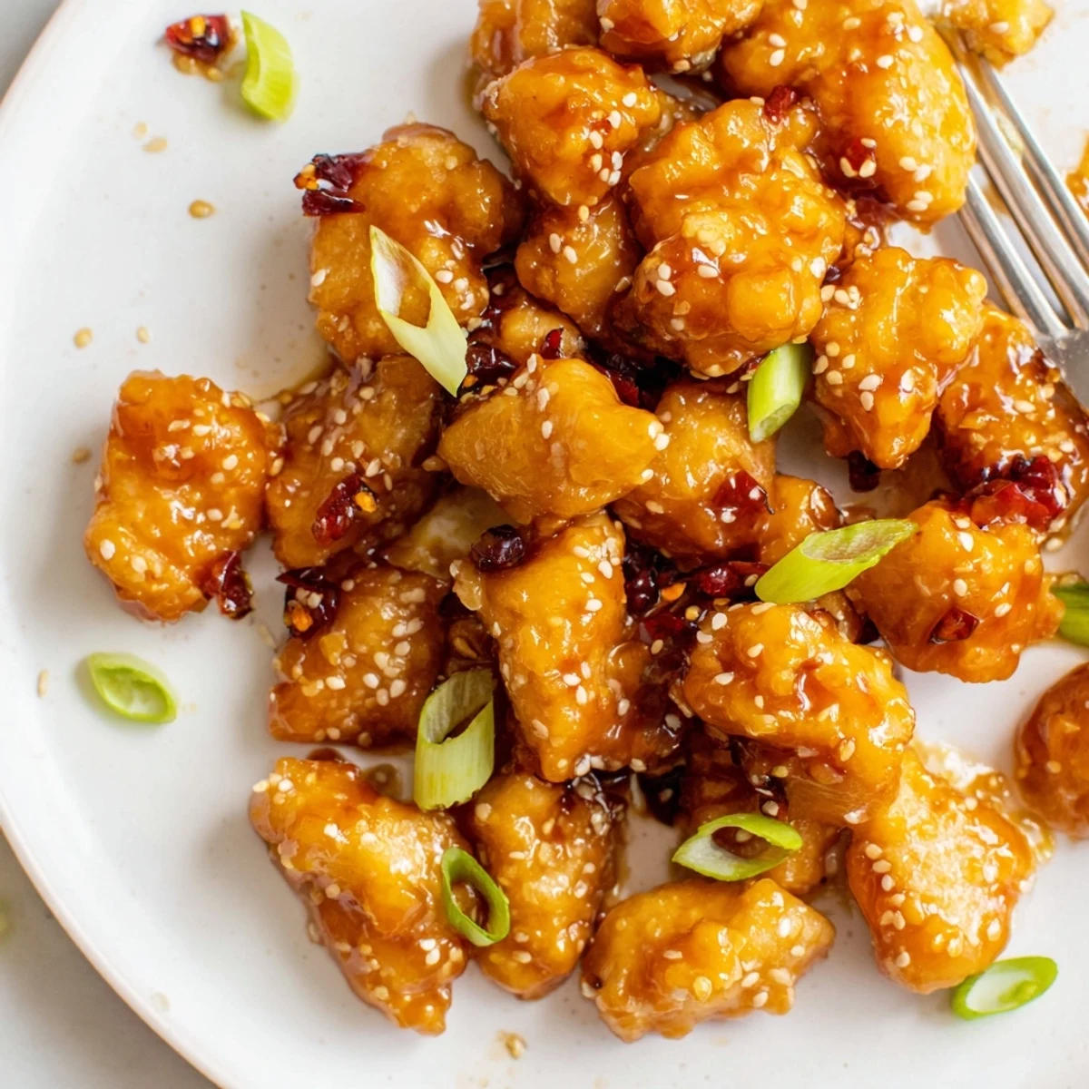 Crispy baked orange chicken pieces coated in a vibrant, tangy citrus sauce.