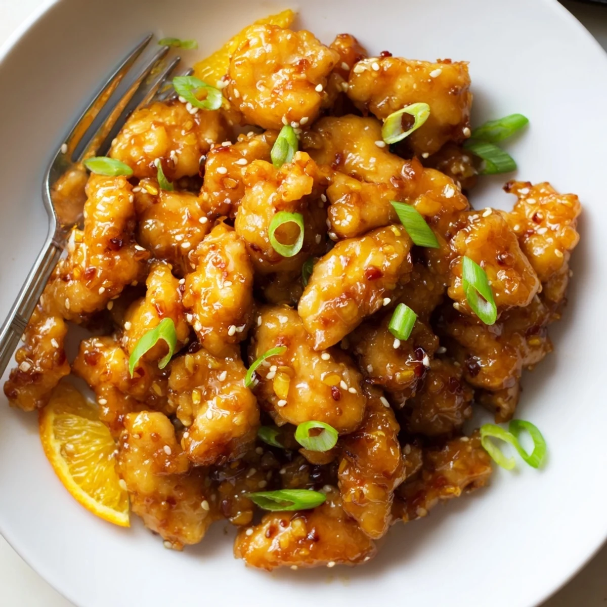 Glossy baked orange chicken glazed in a sticky, caramelized sauce with sesame seeds.