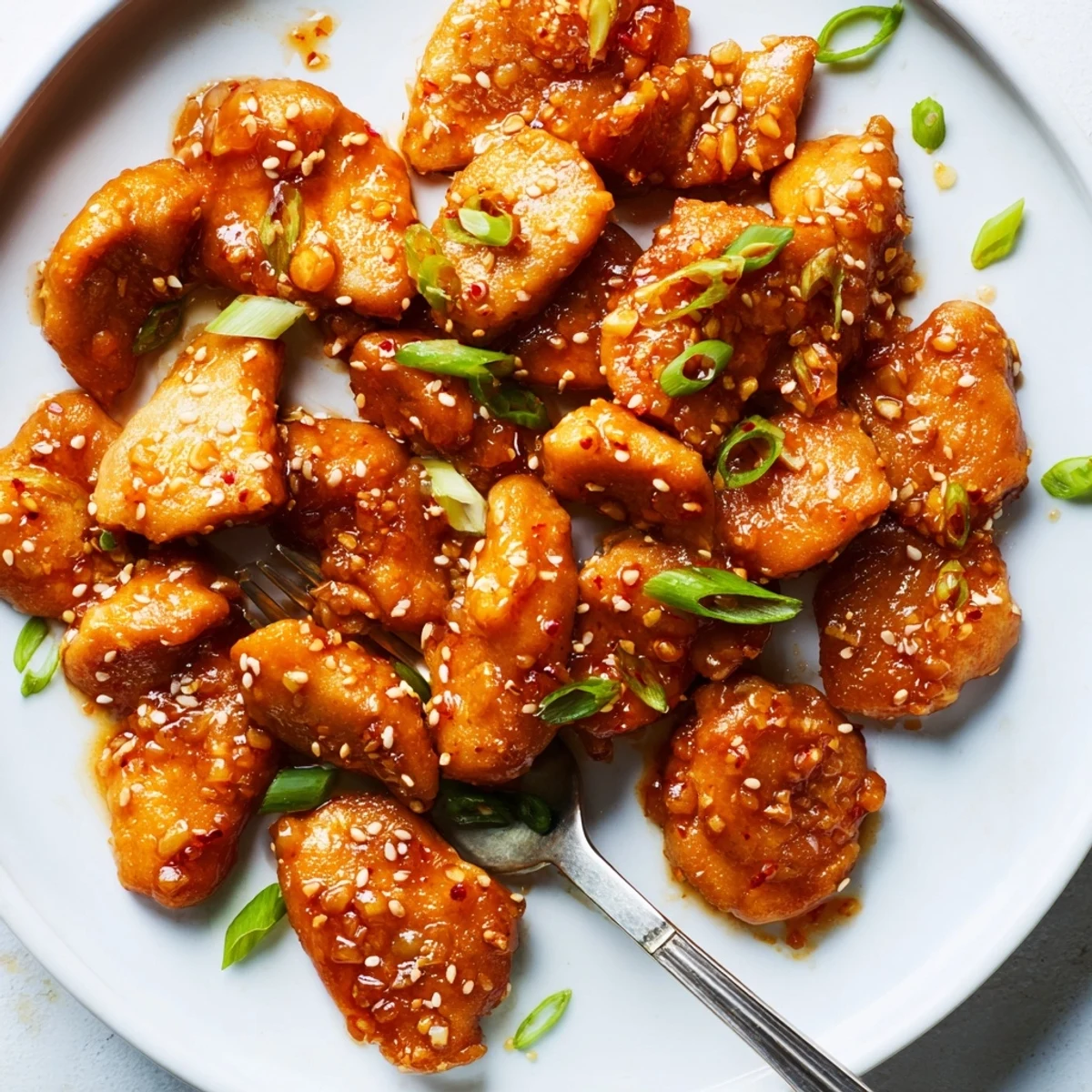 Golden baked orange chicken garnished with green onions and fresh orange slices.