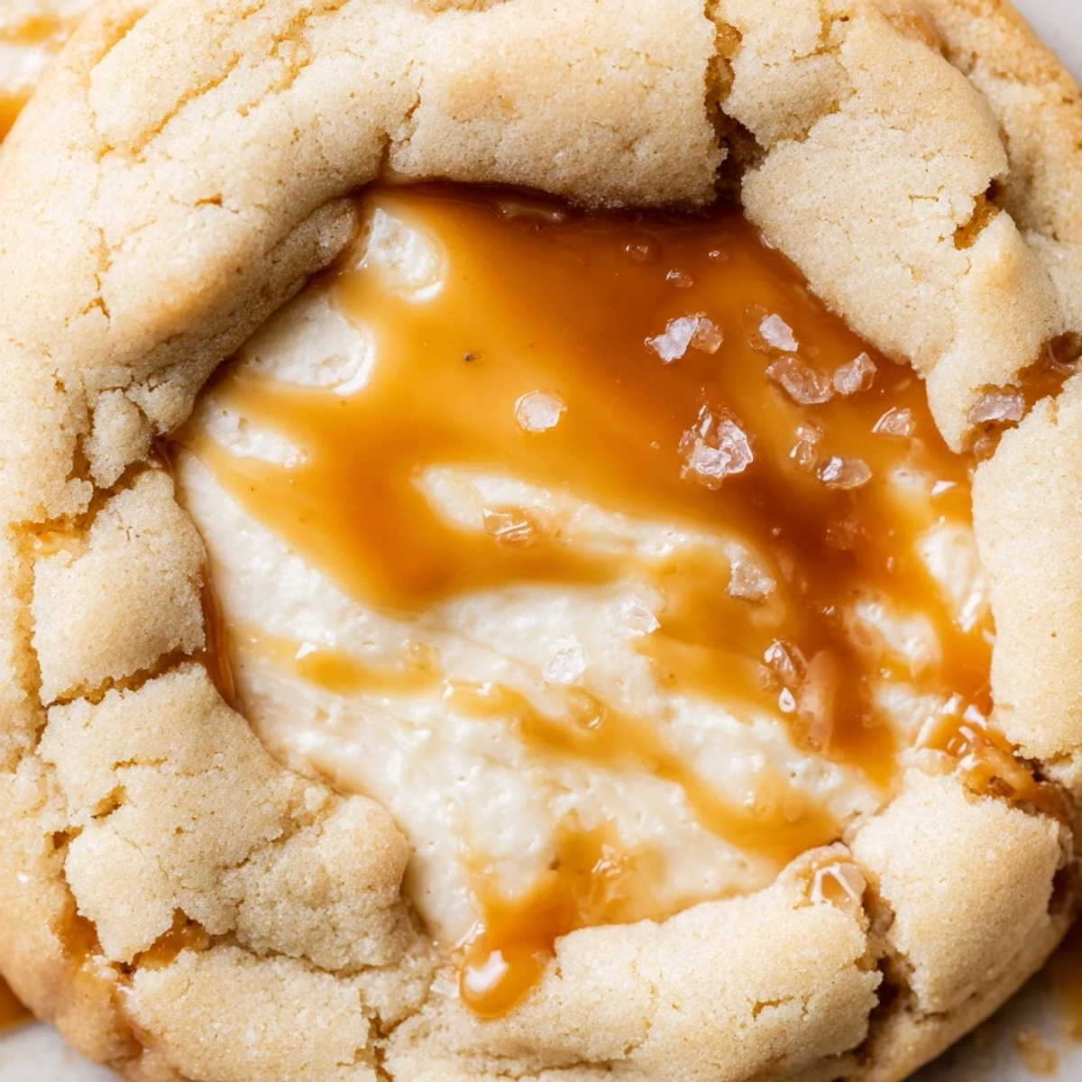 Golden caramel drizzled over soft caramel cheesecake cookies on a rustic baking sheet