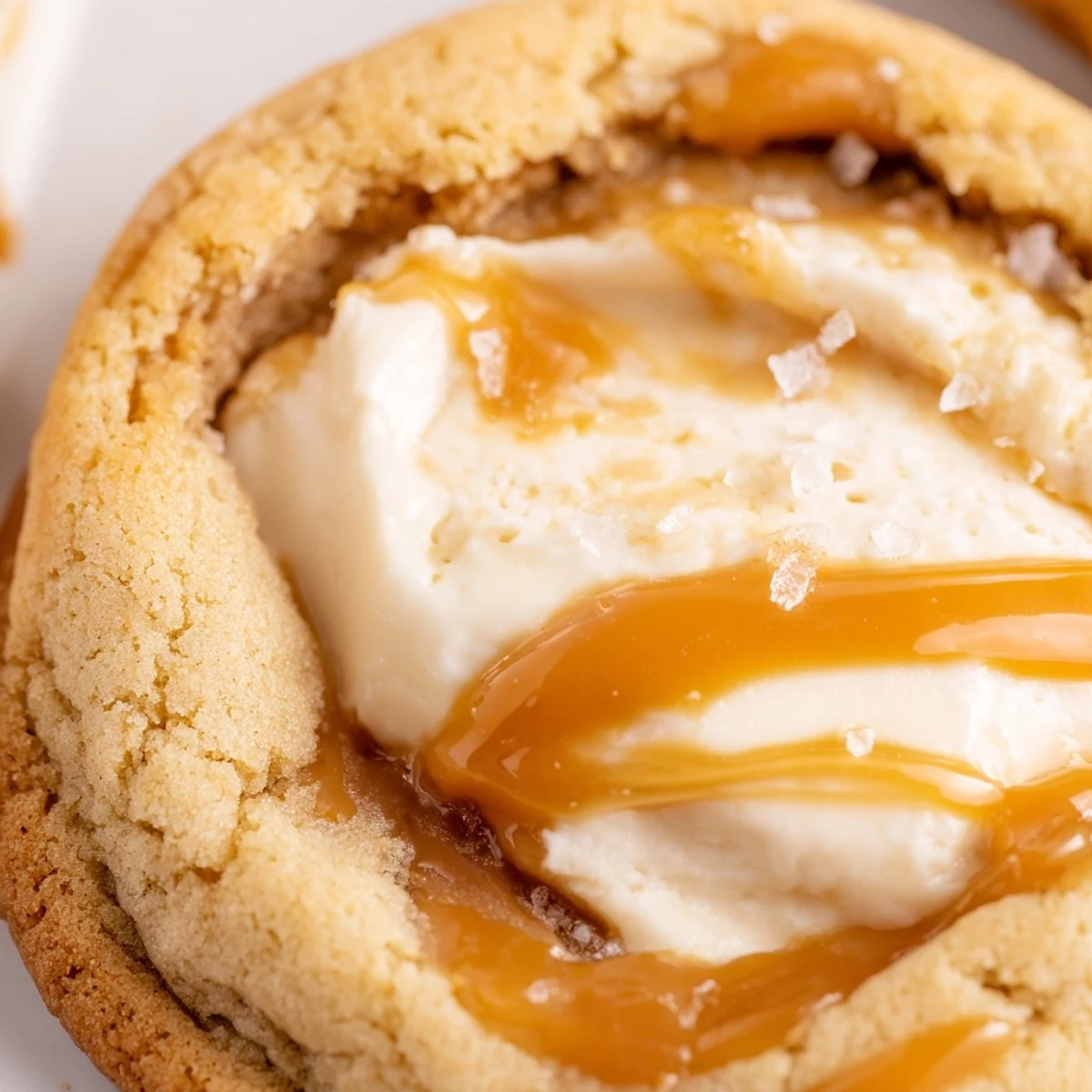 Creamy cheesecake-filled caramel cheesecake cookies with gooey caramel swirls cooling on wire rack