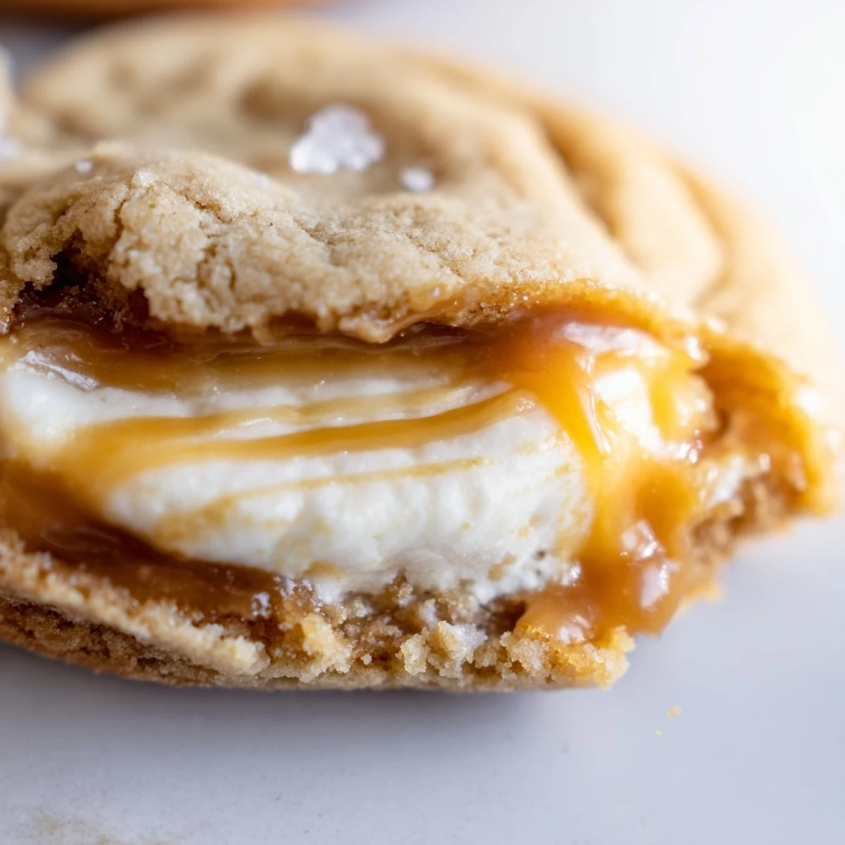Soft-baked caramel cheesecake cookies topped with warm caramel sauce on a white plate
