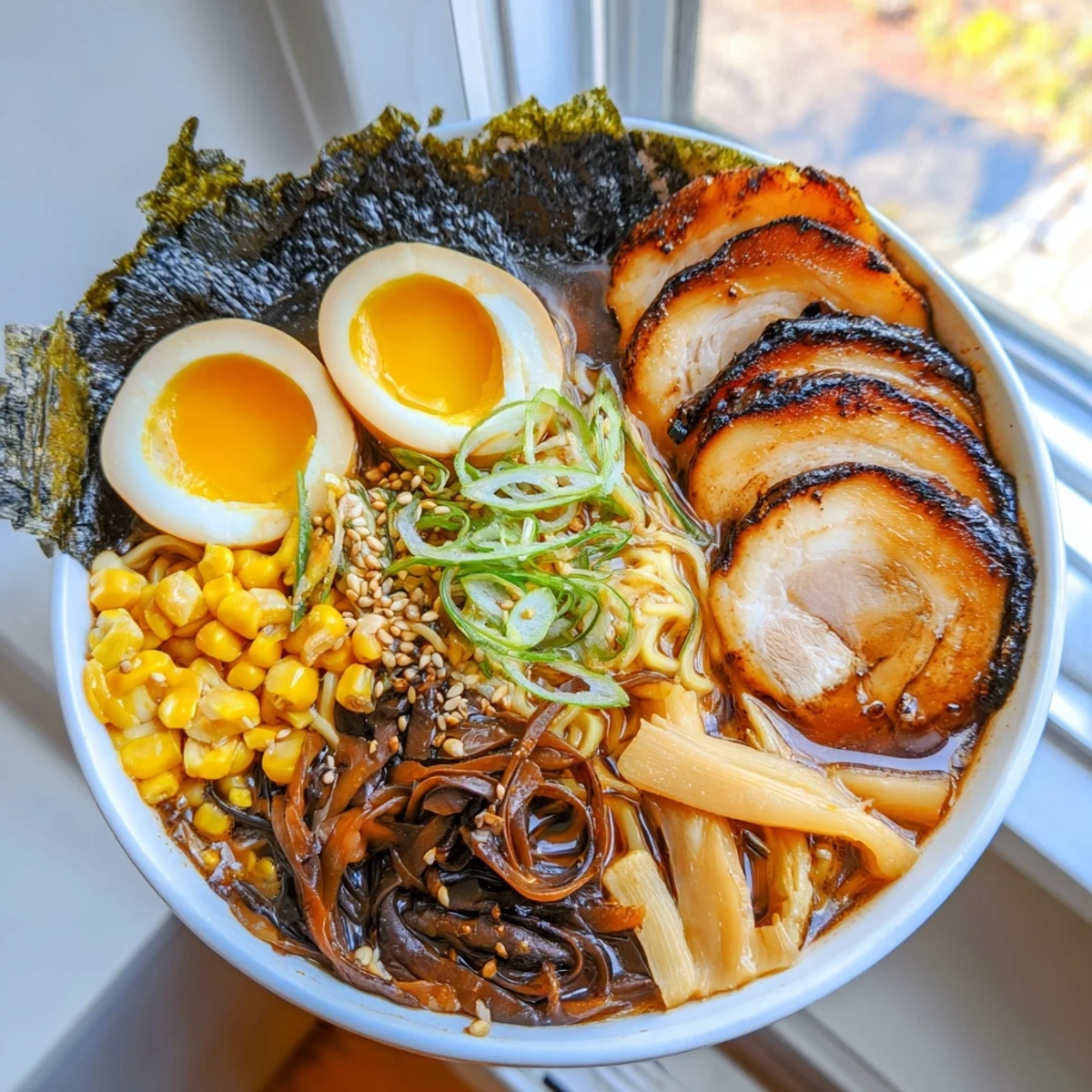 Steaming bowl of homemade ramen with sliced pork, soft-boiled egg, and nori