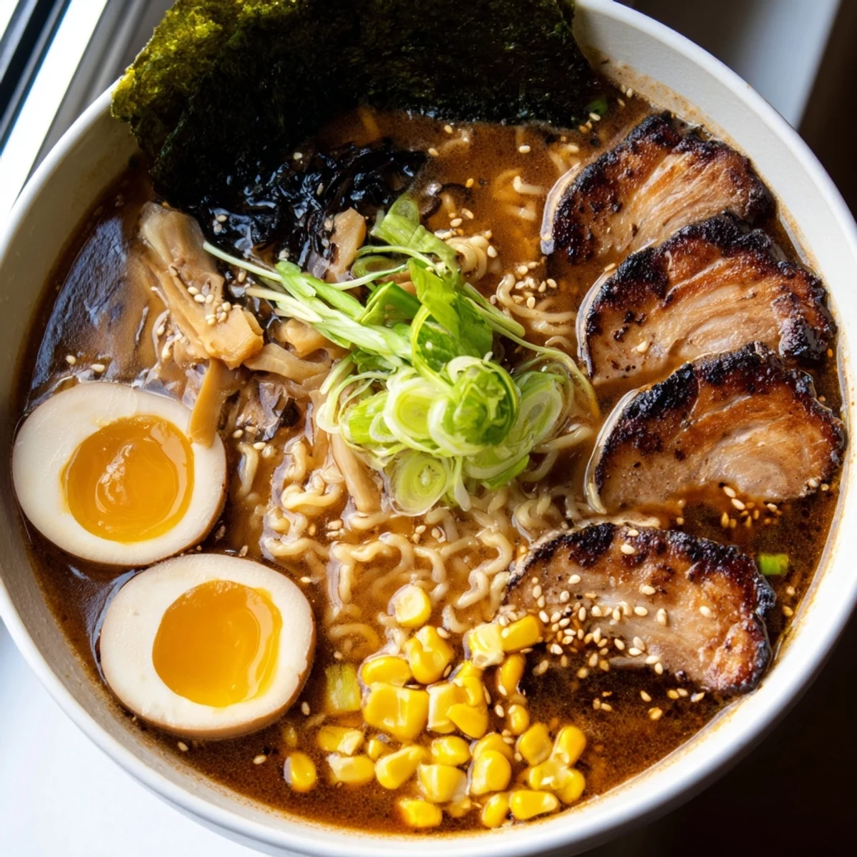 Rich ramen noodle soup topped with mushrooms, spring onions, and sesame seeds