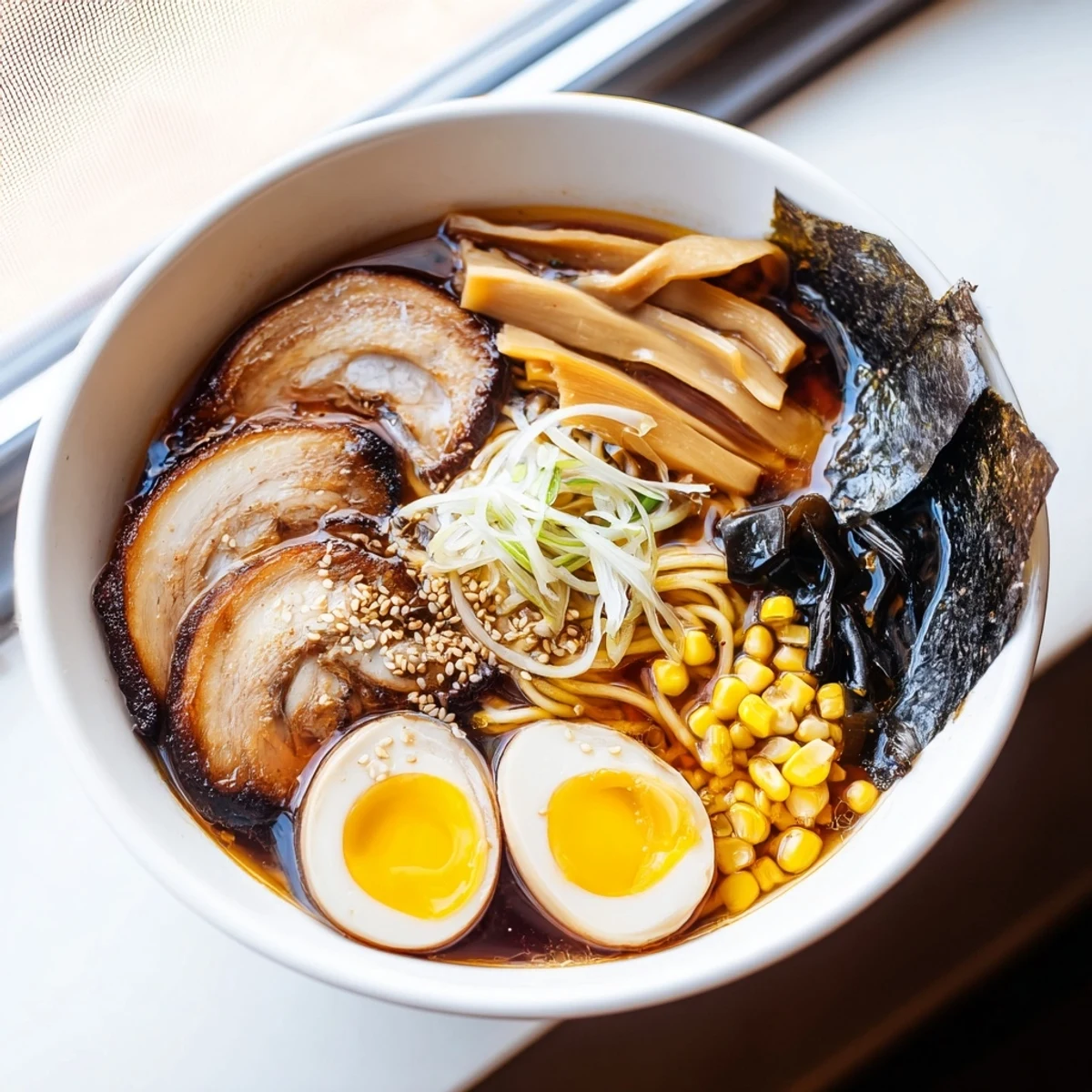 Comforting Japanese ramen in savory miso broth garnished with halved eggs and corn