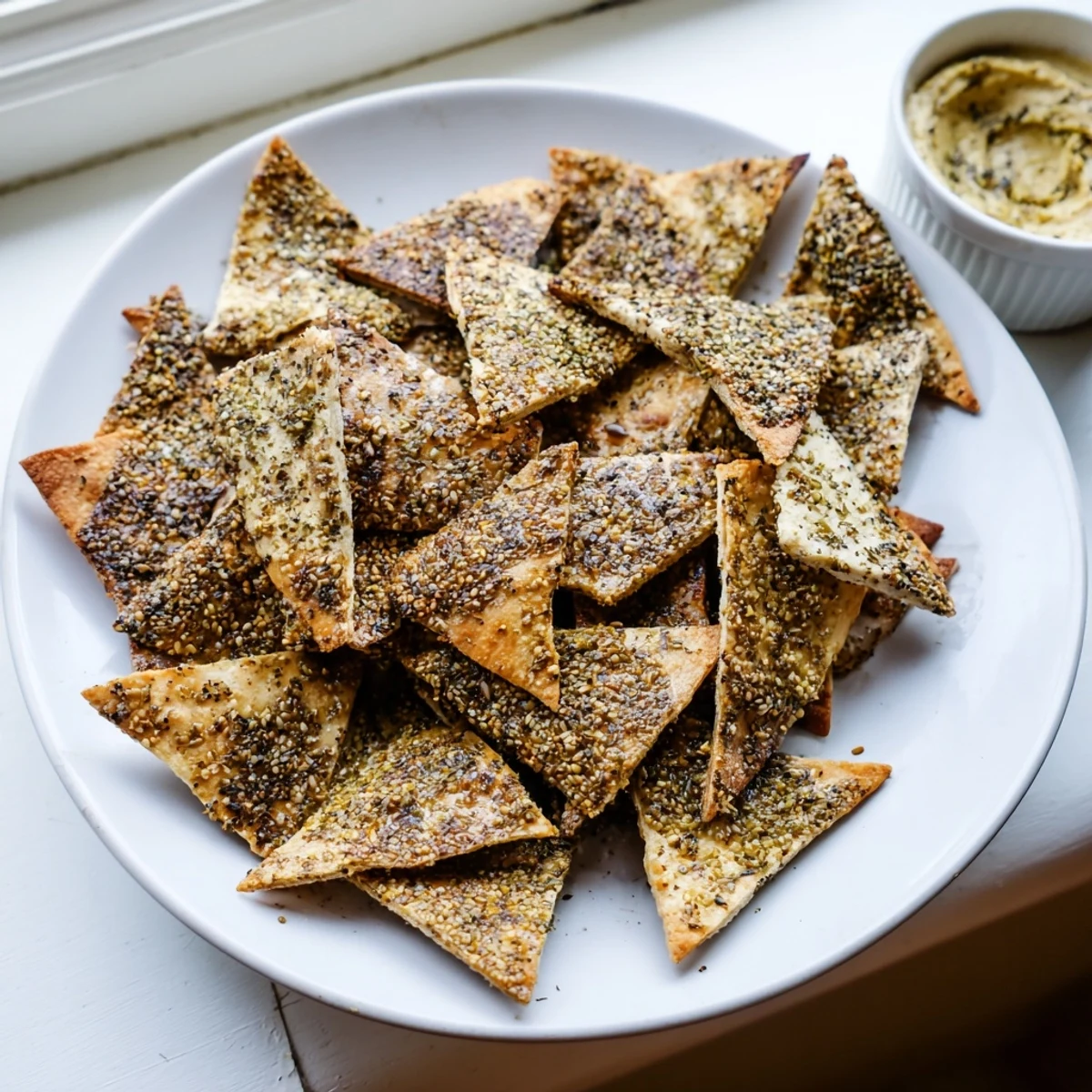 Golden crispy za'atar pita chips piled in a rustic bowl beside creamy hummus.