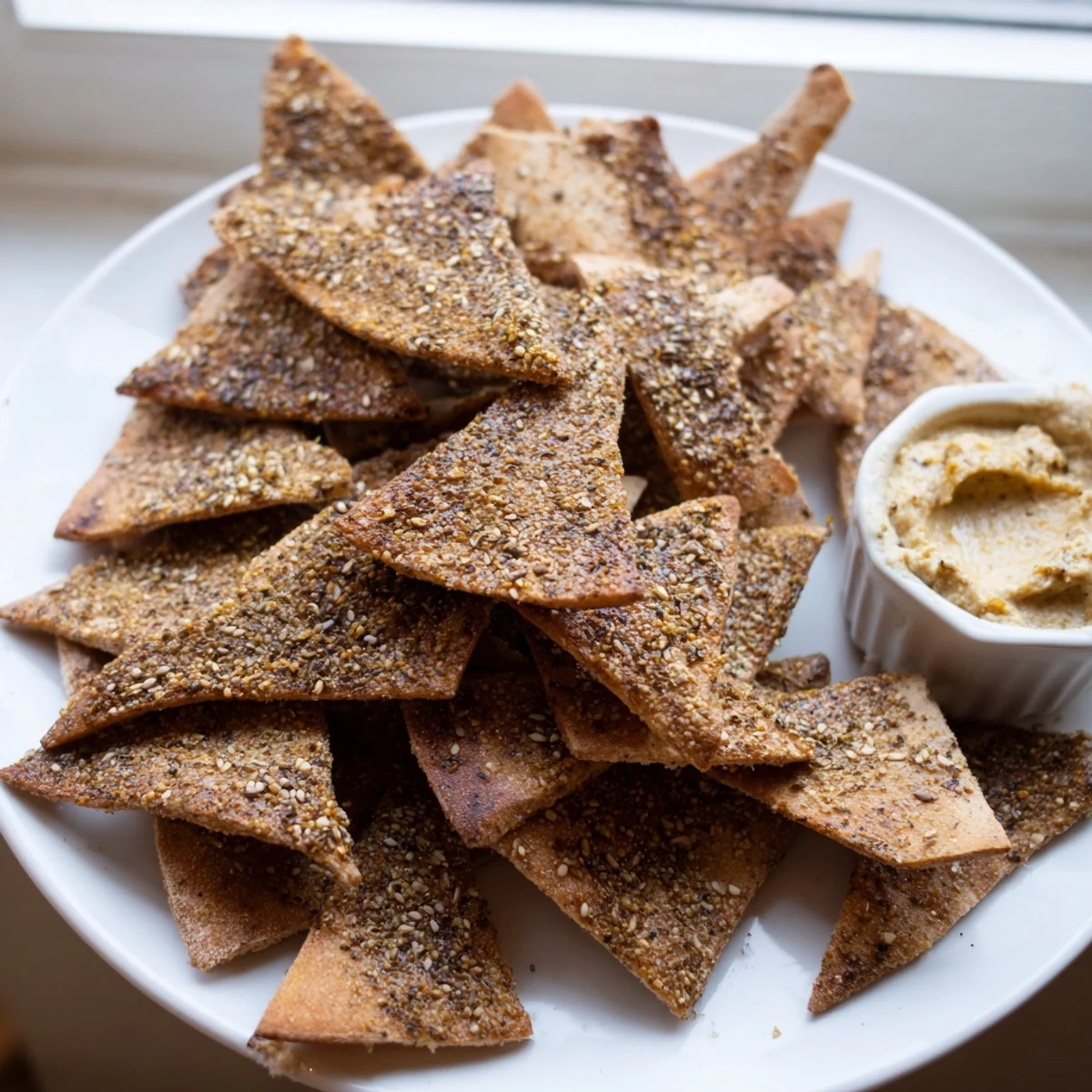 Warm baked za'atar pita chips with herb-flecked surfaces arranged on a wooden board.