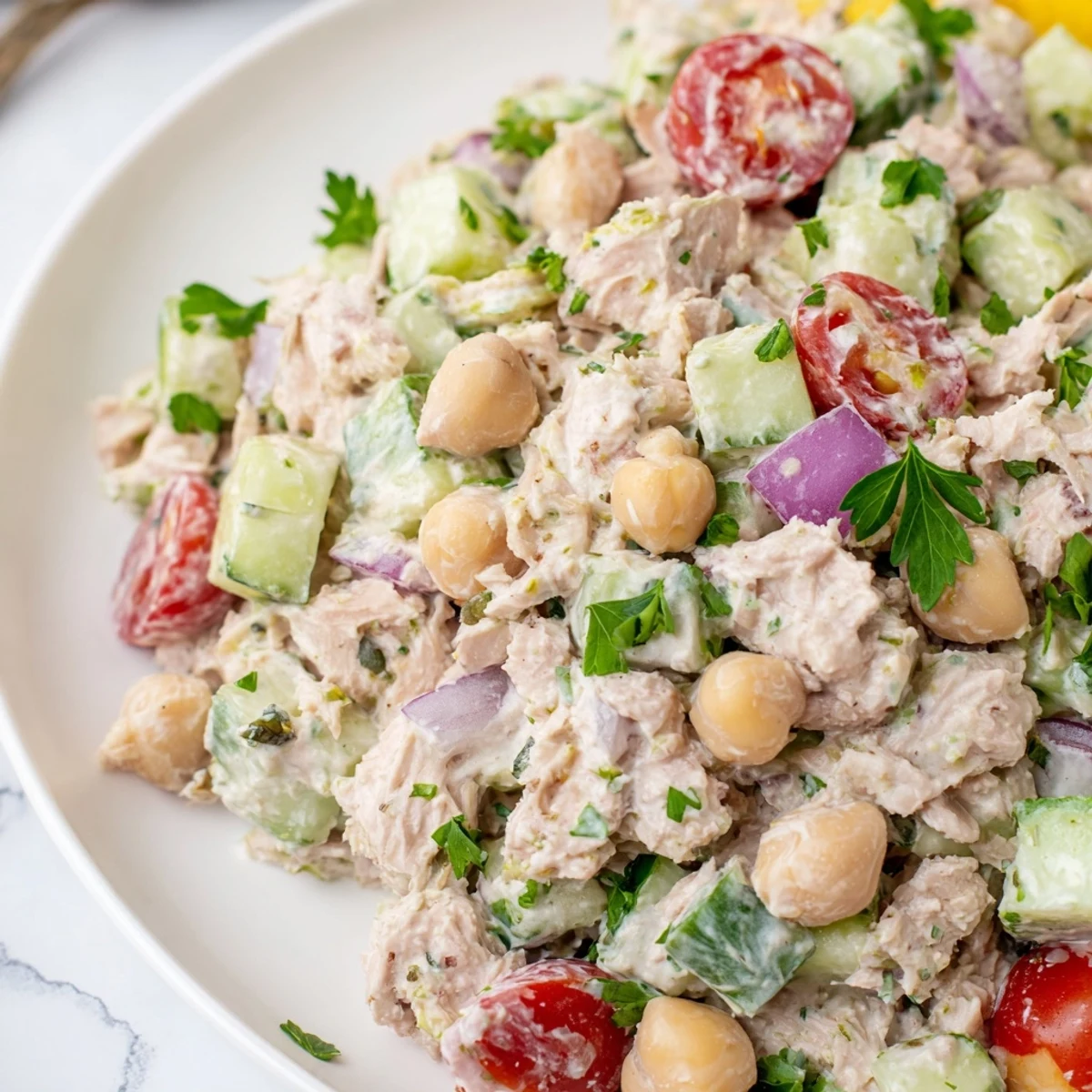 Close-up of creamy tuna chickpea cucumber salad spooned onto crisp lettuce leaves