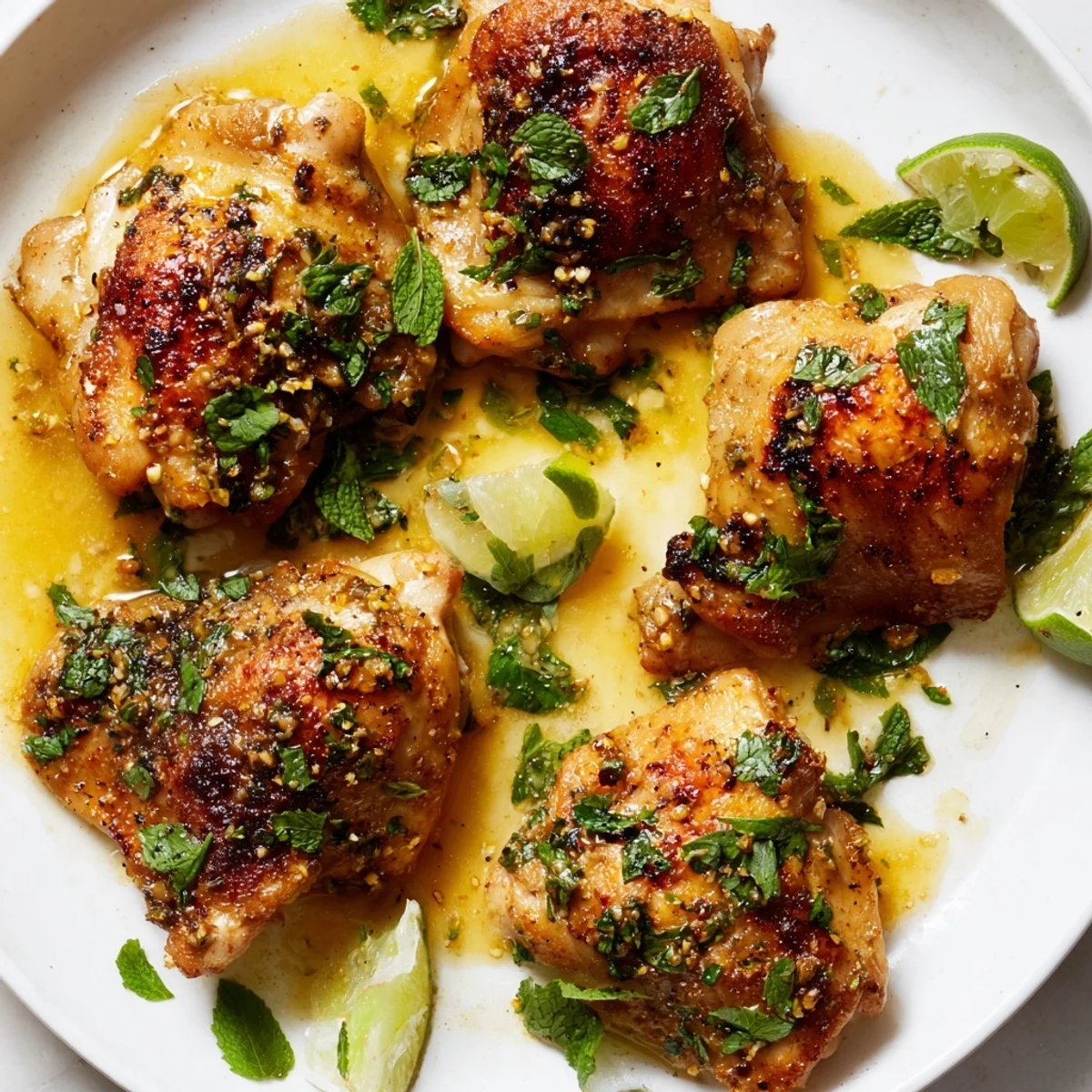 Juicy Cuban Mojo Chicken Thighs garnished with fresh cilantro and lime wedges