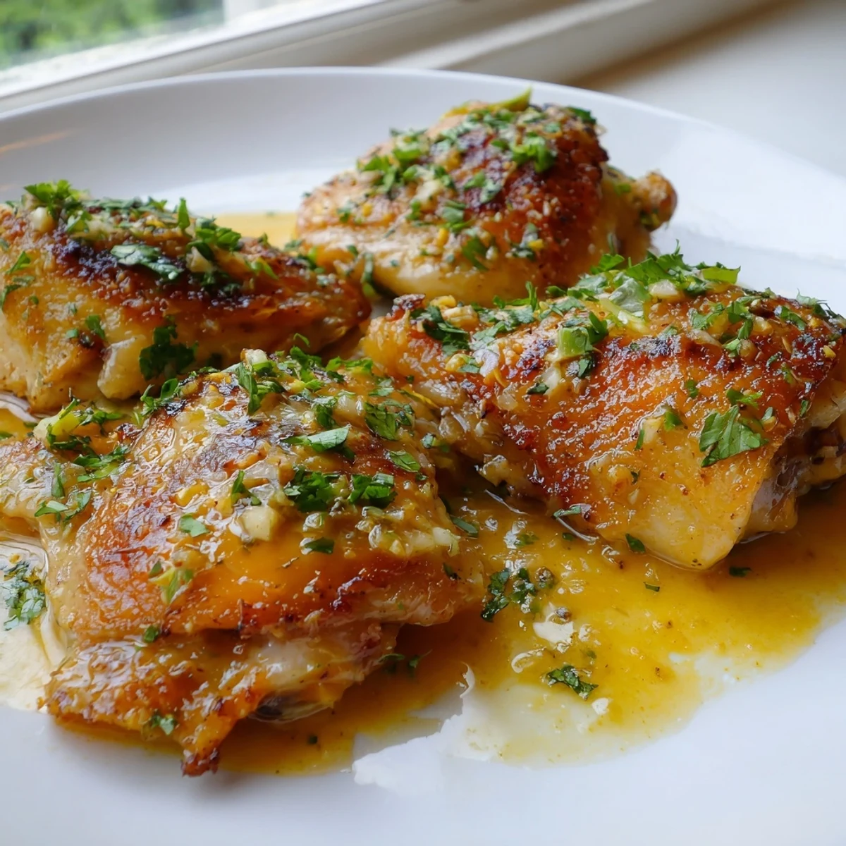 Golden Cuban Mojo Chicken Thighs roasted crispy with fragrant garlic and citrus glaze