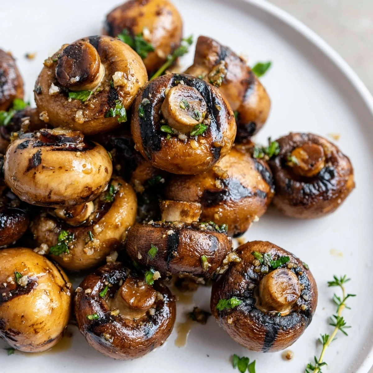 Steakhouse garlic butter grilled mushrooms glistening with herbs beside a juicy steak