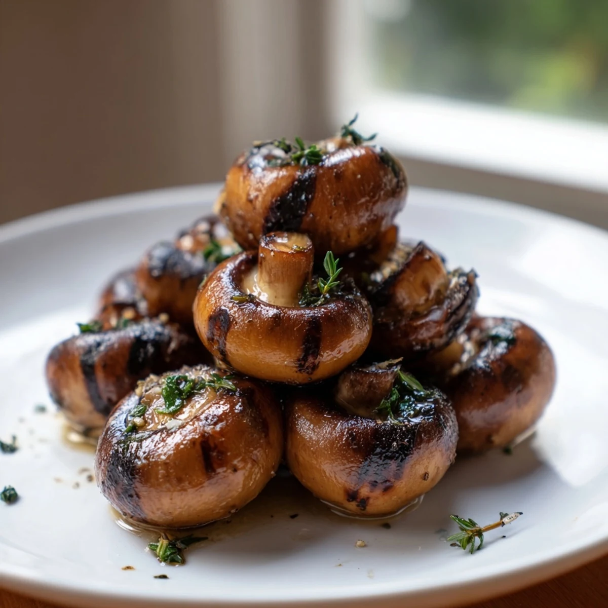 Juicy grilled garlic butter mushrooms with golden char marks on a rustic platter