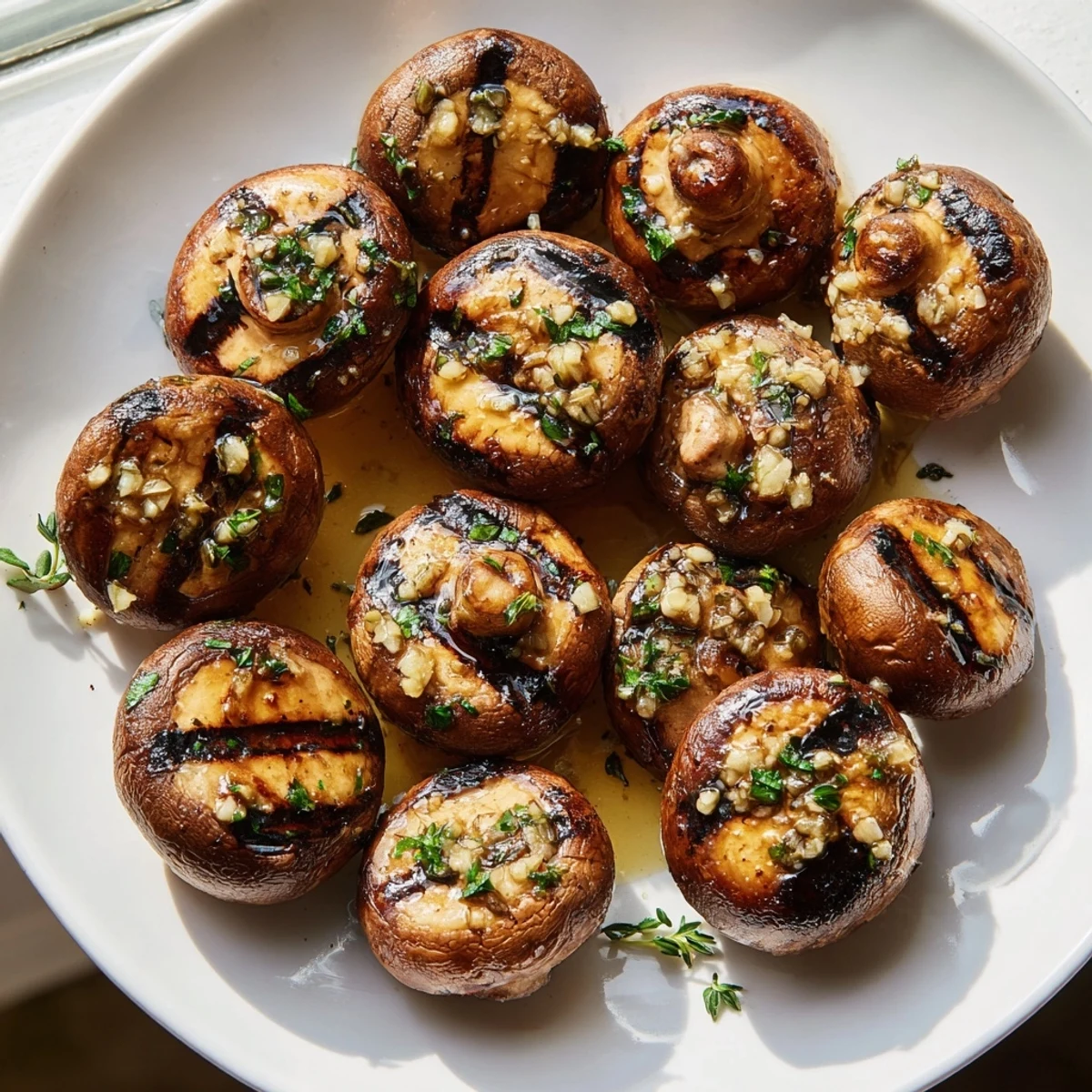 Tender marinated grilled mushrooms coated in rich garlic butter and fresh parsley