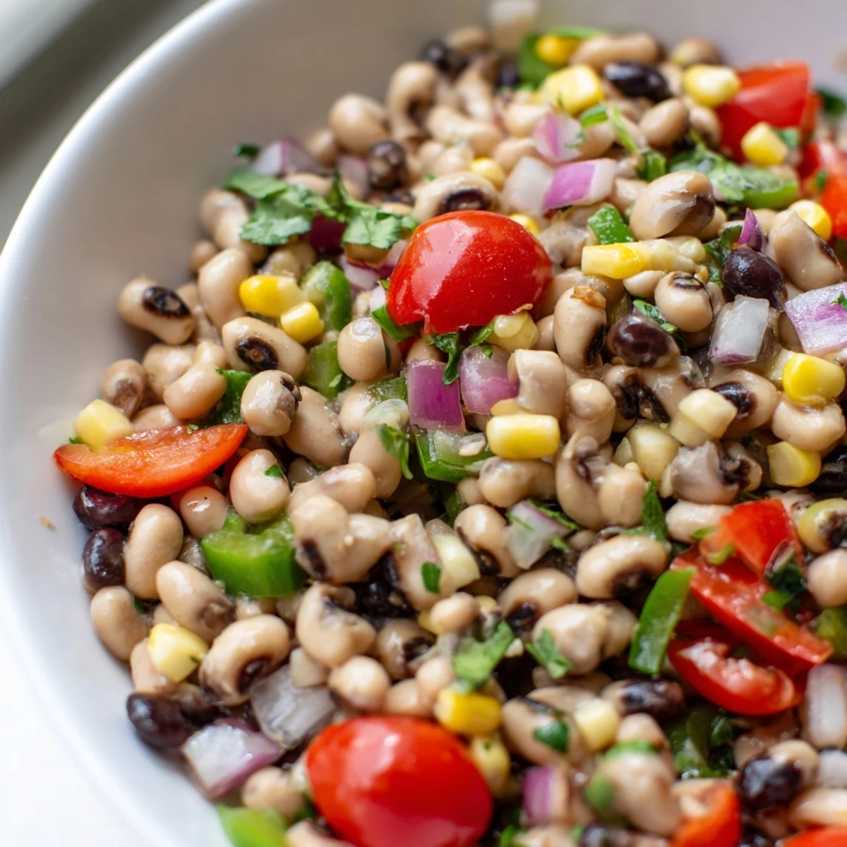 Colorful Cowboy Caviar recipe served in a bowl with tortilla chips nearby