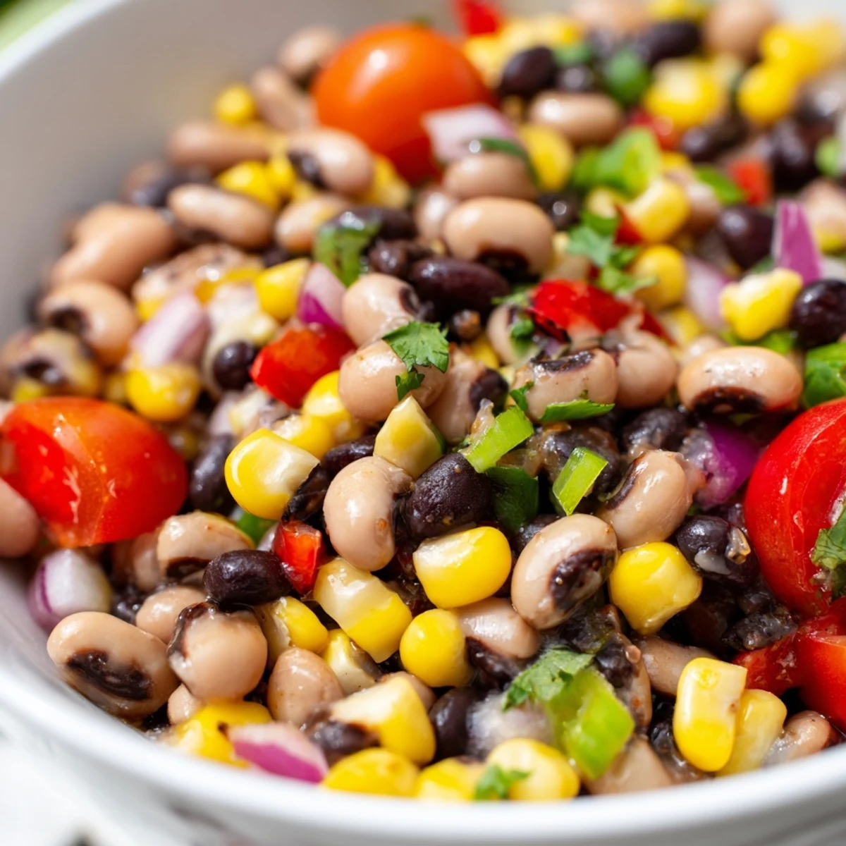 Cowboy Caviar recipe featuring black beans corn and peppers in zesty lime dressing
