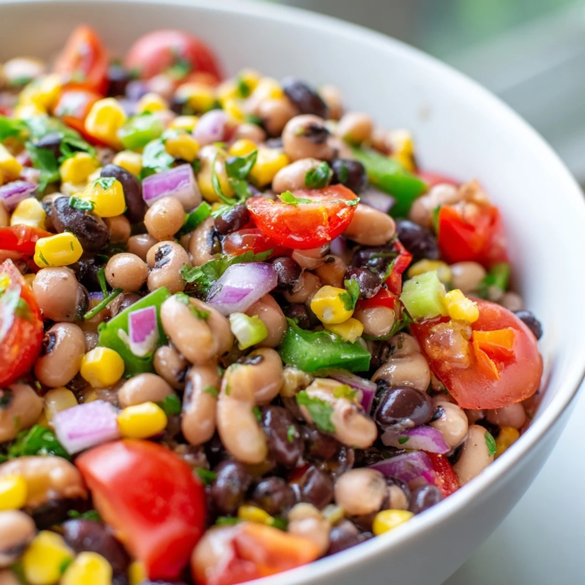 Fresh Cowboy Caviar recipe garnished with cilantro and scooped up with crispy chips