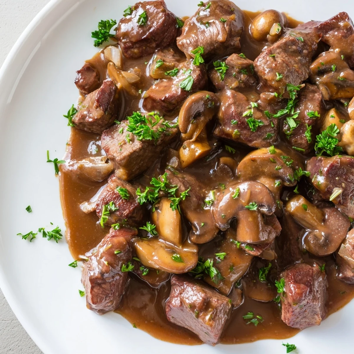 Tender weeknight steak tips and gravy smothered over creamy mashed potatoes